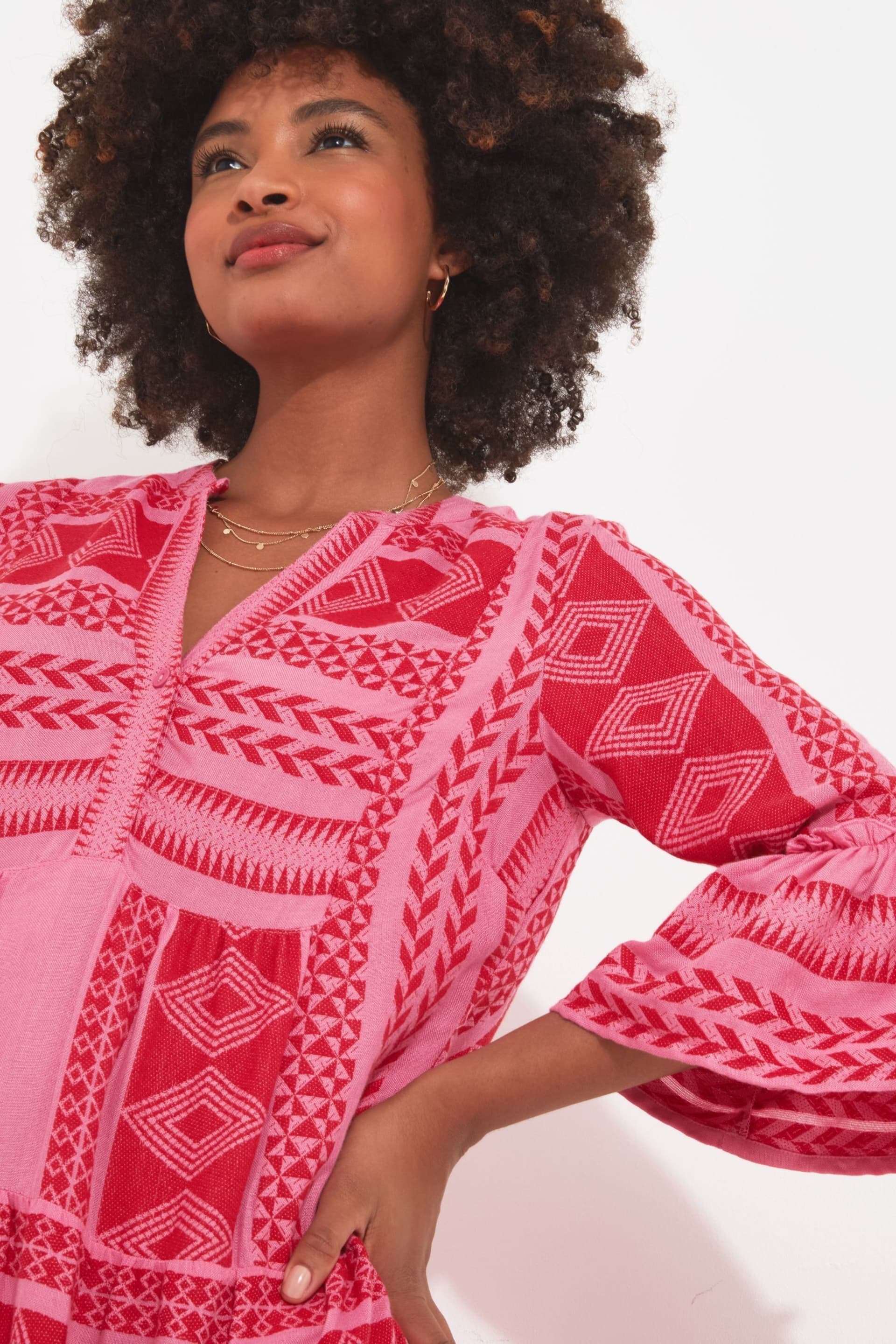 Joe Browns Pink Petite Oversized Boho Style Textured Long Sleeve Midi Dress - Image 4 of 5