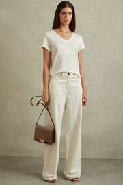 Reiss White Lottie Marled Linen V-Neck T-Shirt - Image 1 of 6