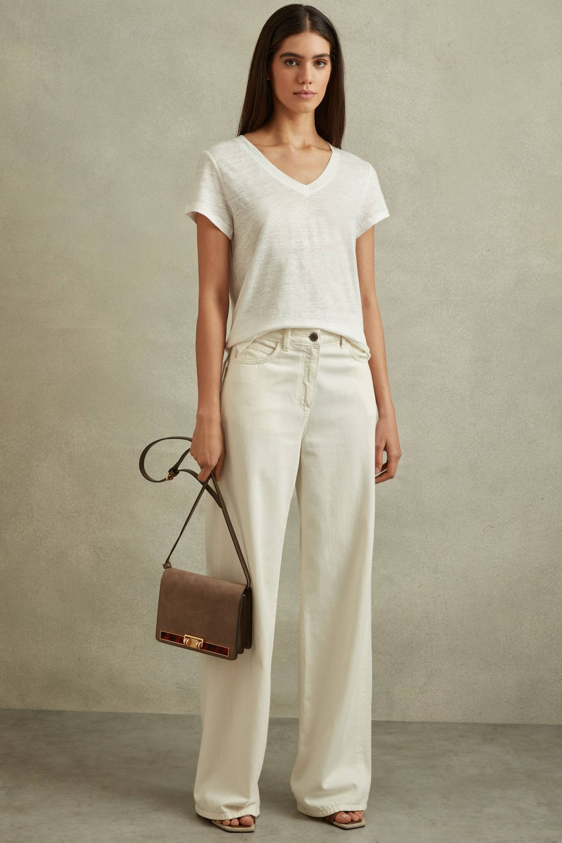 Reiss White Lottie Marled Linen V-Neck T-Shirt - Image 1 of 6