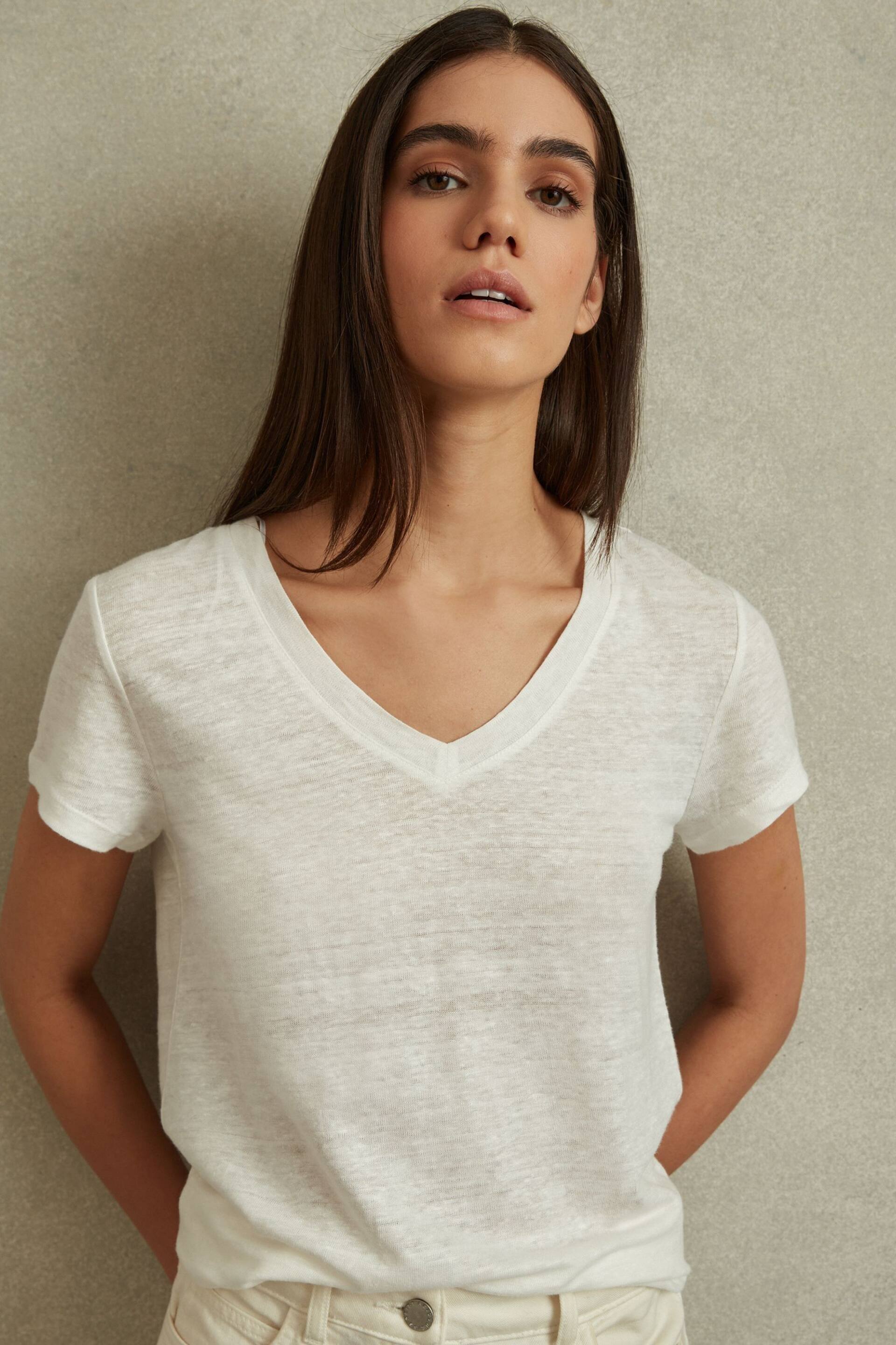 Reiss White Lottie Marled Linen V-Neck T-Shirt - Image 3 of 6