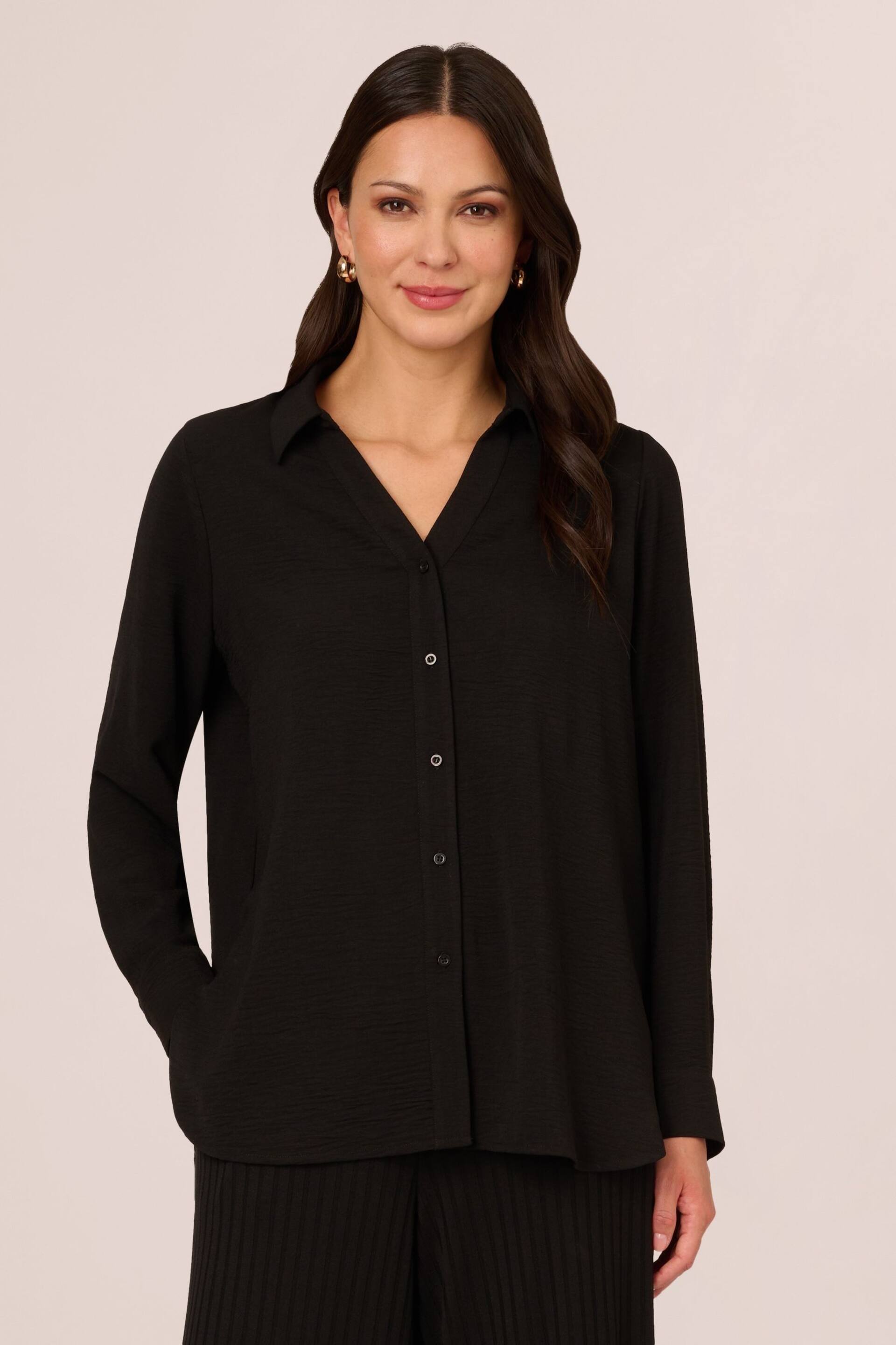 Adrianna Papell Solid Texture Airflow Woven Long Sleeve V-Collar Black Shirt - Image 1 of 6
