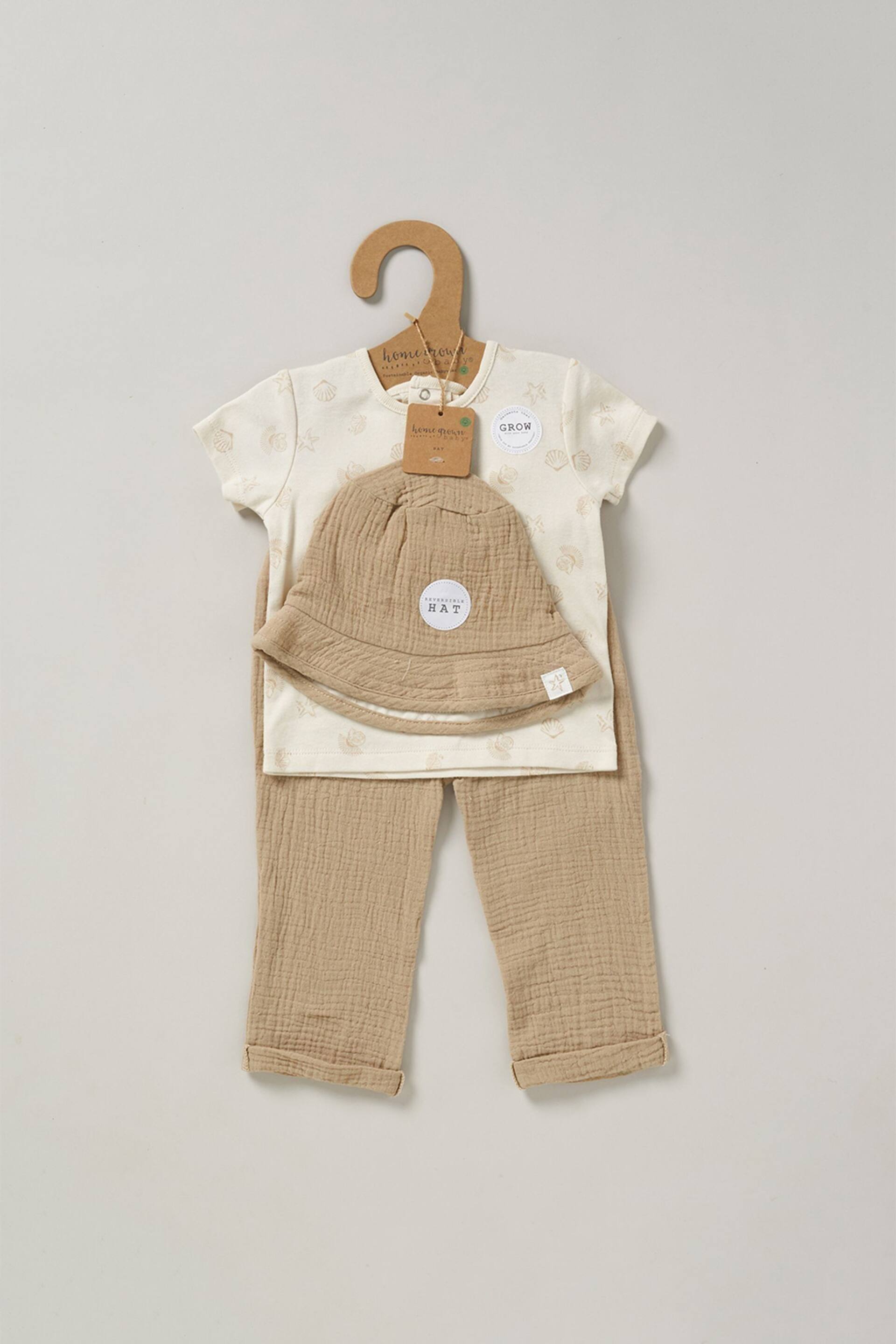 Homegrown Natural 3 Piece T-Shirt Trousers And Reversible Hat Outfit Set - Image 2 of 5