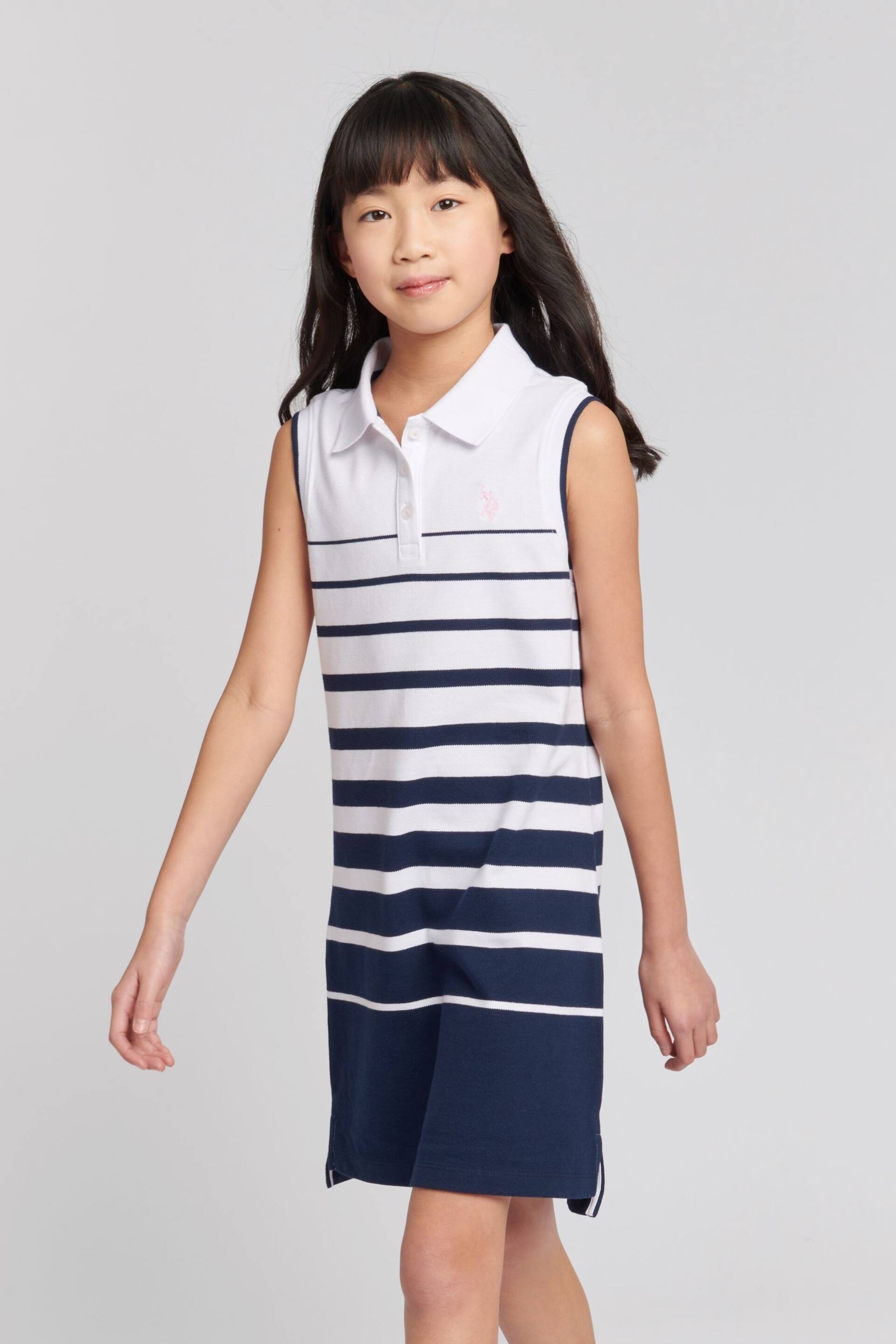 U.S. Polo Assn. Girls Blue Striped Sleeveless Polo Dress - Image 1 of 6