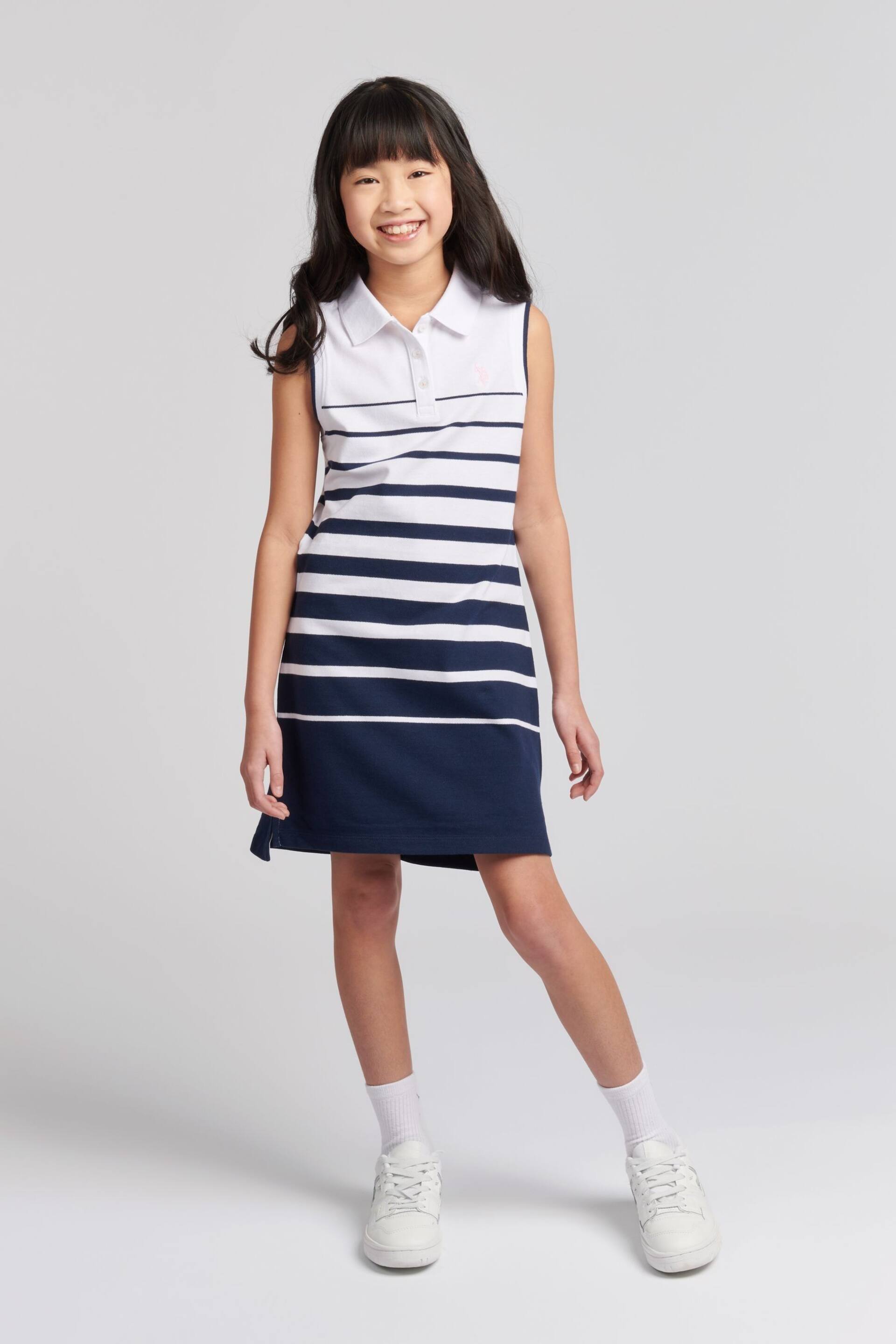 U.S. Polo Assn. Girls Blue Striped Sleeveless Polo Dress - Image 2 of 6