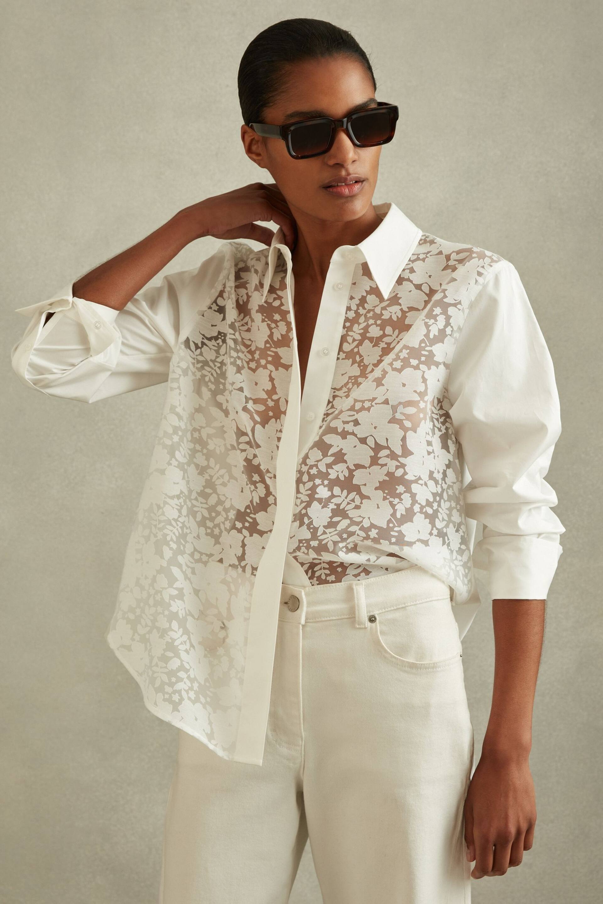 Reiss Ivory Delaney Cotton Burnout Floral Shirt - Image 1 of 5