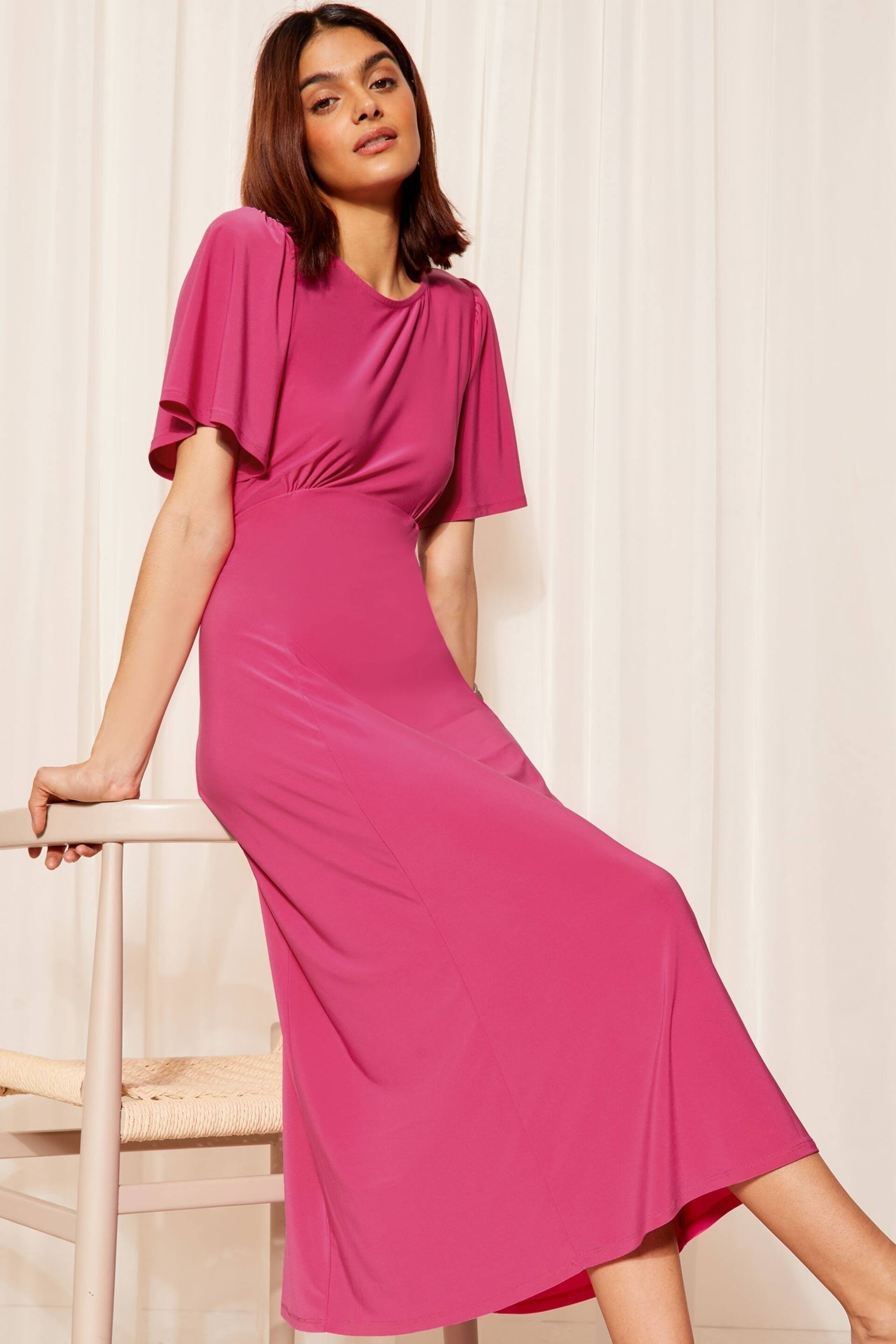 Friends Like These Pink Flutter Sleeve Round Neck Midi Dress - Image 3 of 4