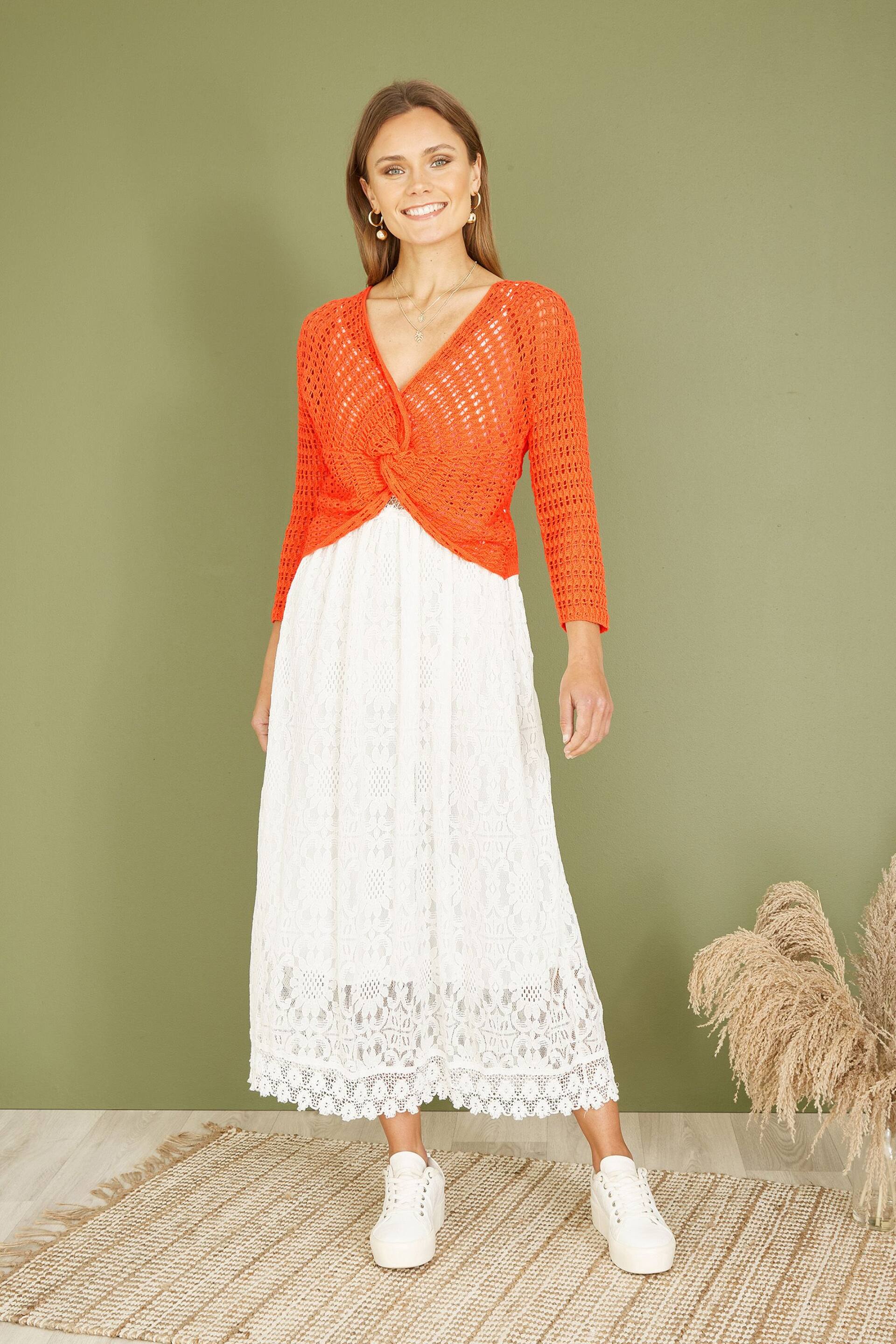 Yumi Orange Crochet Cotton Twisted Bolero Top - Image 3 of 5