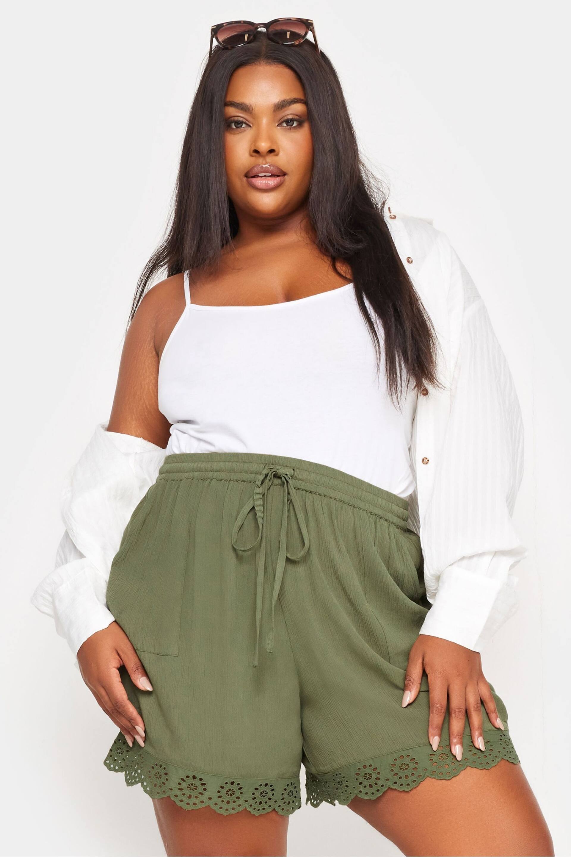 Yours Curve Green Broderie Anglaise Scalloped Shorts - Image 1 of 5