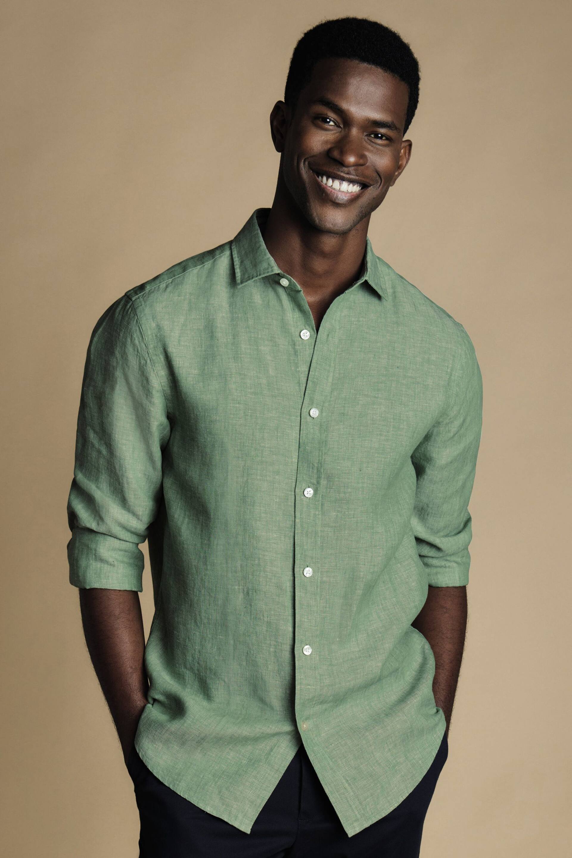Charles Tyrwhitt Mid Green Slim Fit Plain Short Sleeve Pure Linen Full Sleeves Shirt - Image 1 of 6