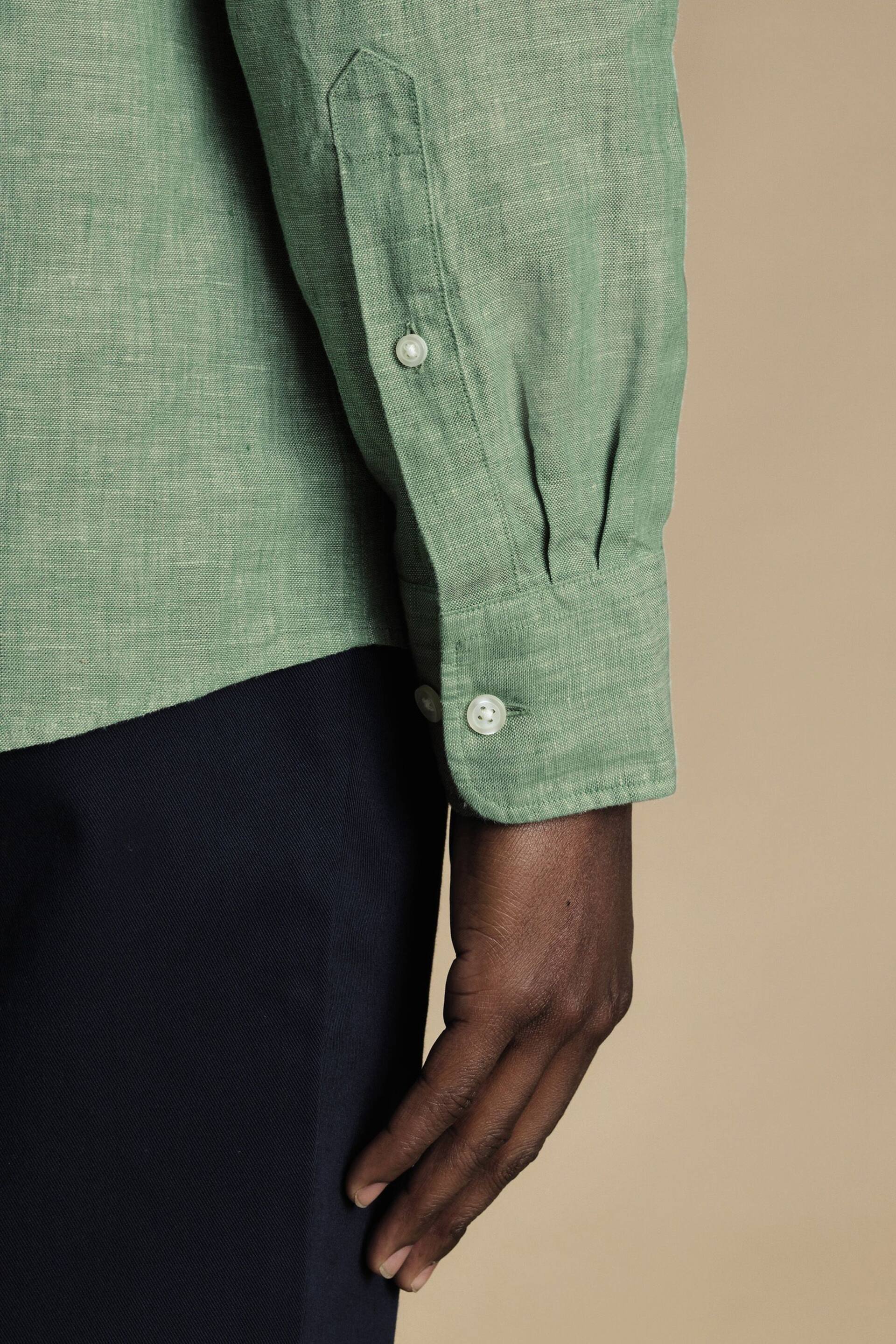 Charles Tyrwhitt Mid Green Slim Fit Plain Short Sleeve Pure Linen Full Sleeves Shirt - Image 2 of 6