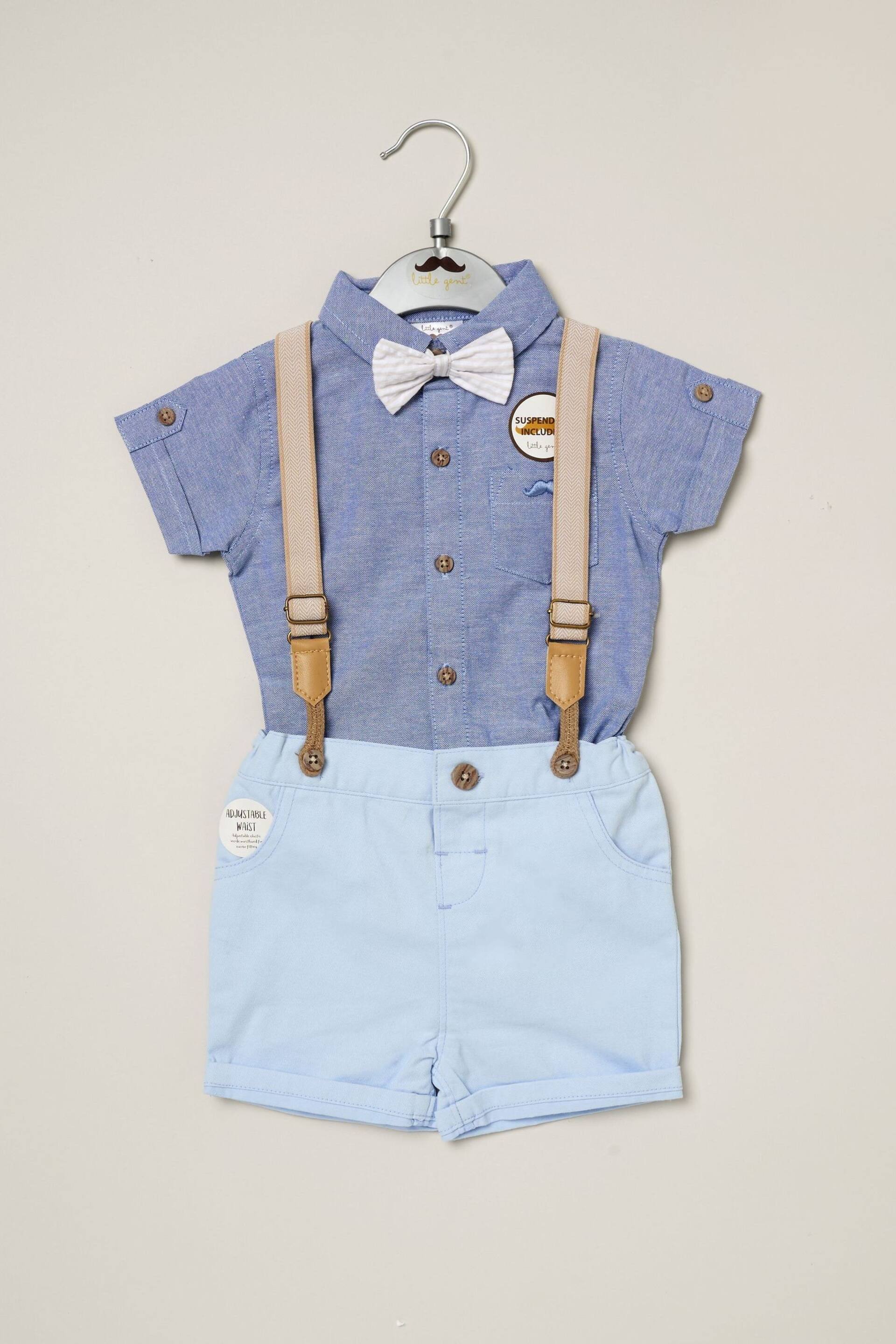 Little Gent Blue Shirt Bodysuit Bowtie Shirt and Short Set - Image 2 of 4
