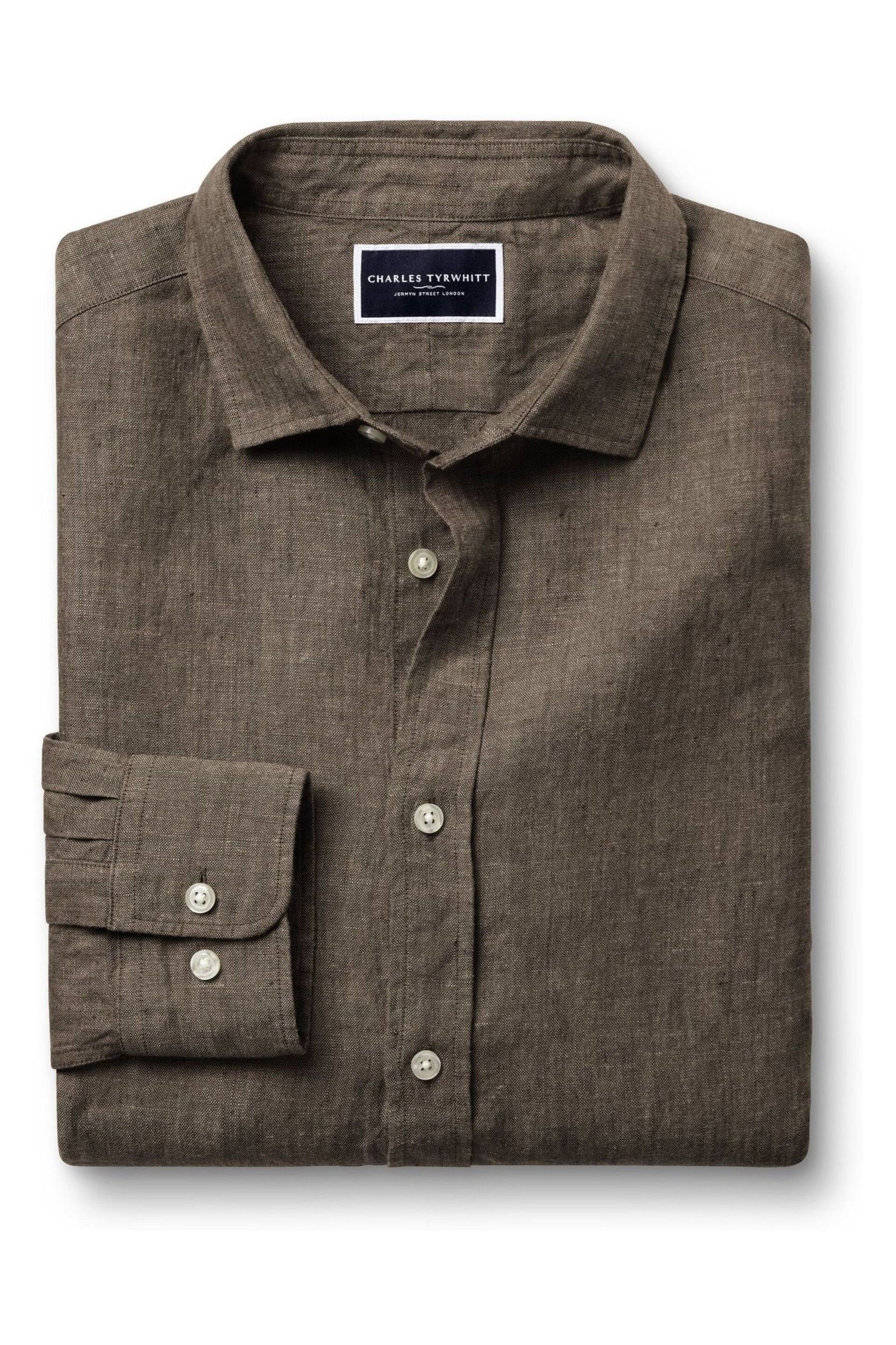 Charles Tyrwhitt Brown Slim Fit Plain Short Sleeve Pure Linen Full Sleeves Shirt - Image 4 of 6