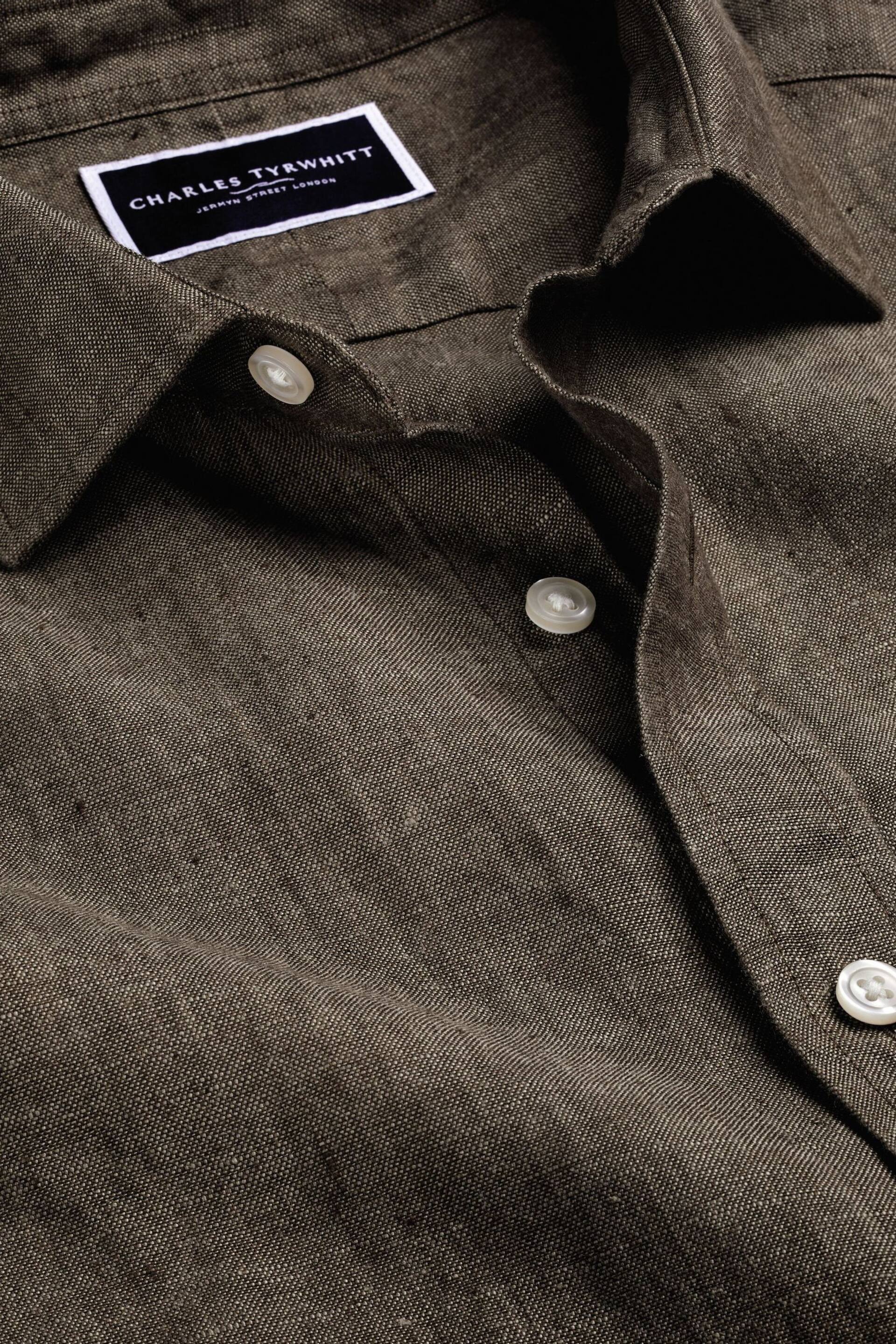 Charles Tyrwhitt Brown Slim Fit Plain Short Sleeve Pure Linen Full Sleeves Shirt - Image 5 of 6