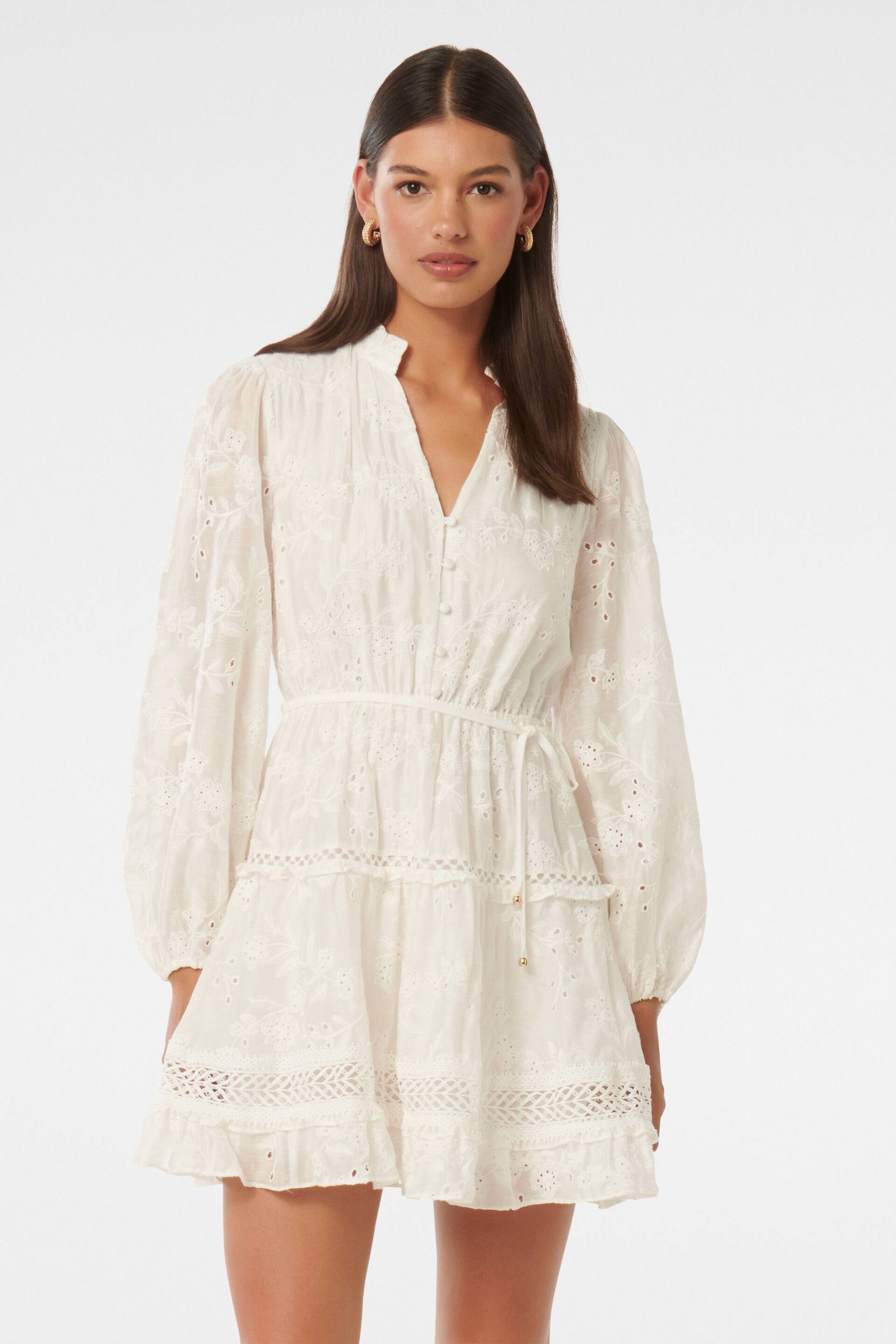 Forever New White Ivana Trim Detail Mini Dress With A Touch of Linen - Image 1 of 5