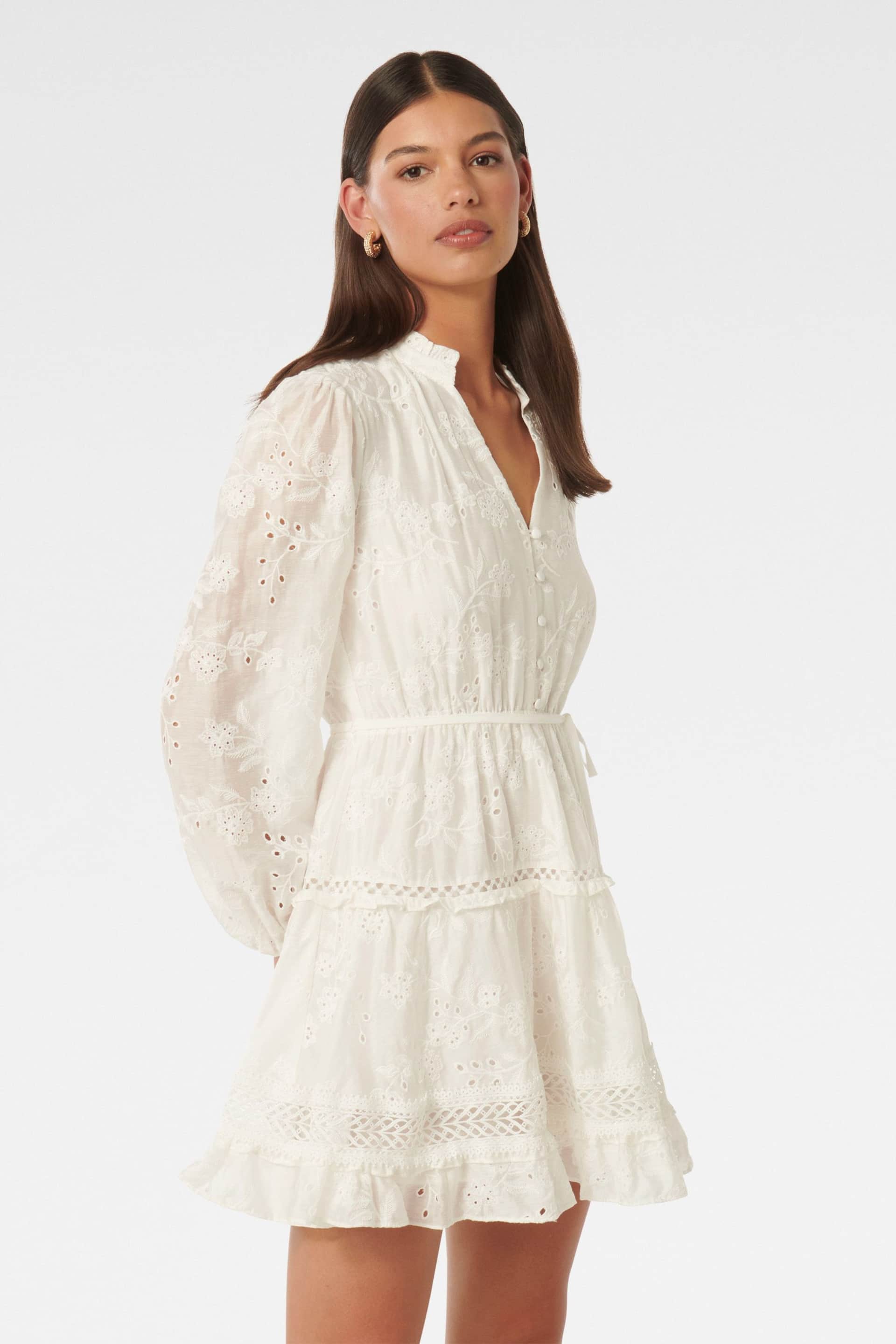 Forever New White Ivana Trim Detail Mini Dress With A Touch of Linen - Image 3 of 5