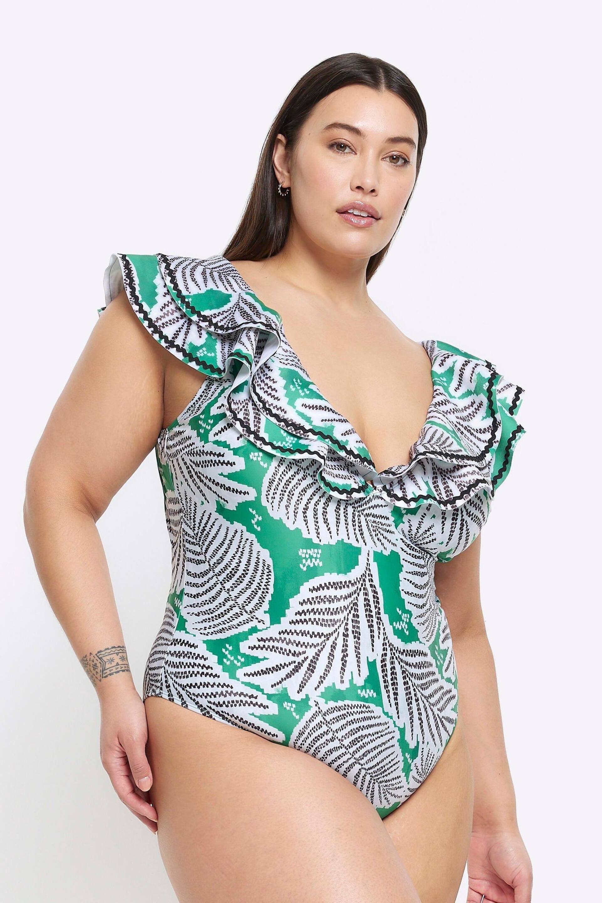 River Island Green Curve Frill Plunge Swimsuit - Image 1 of 4