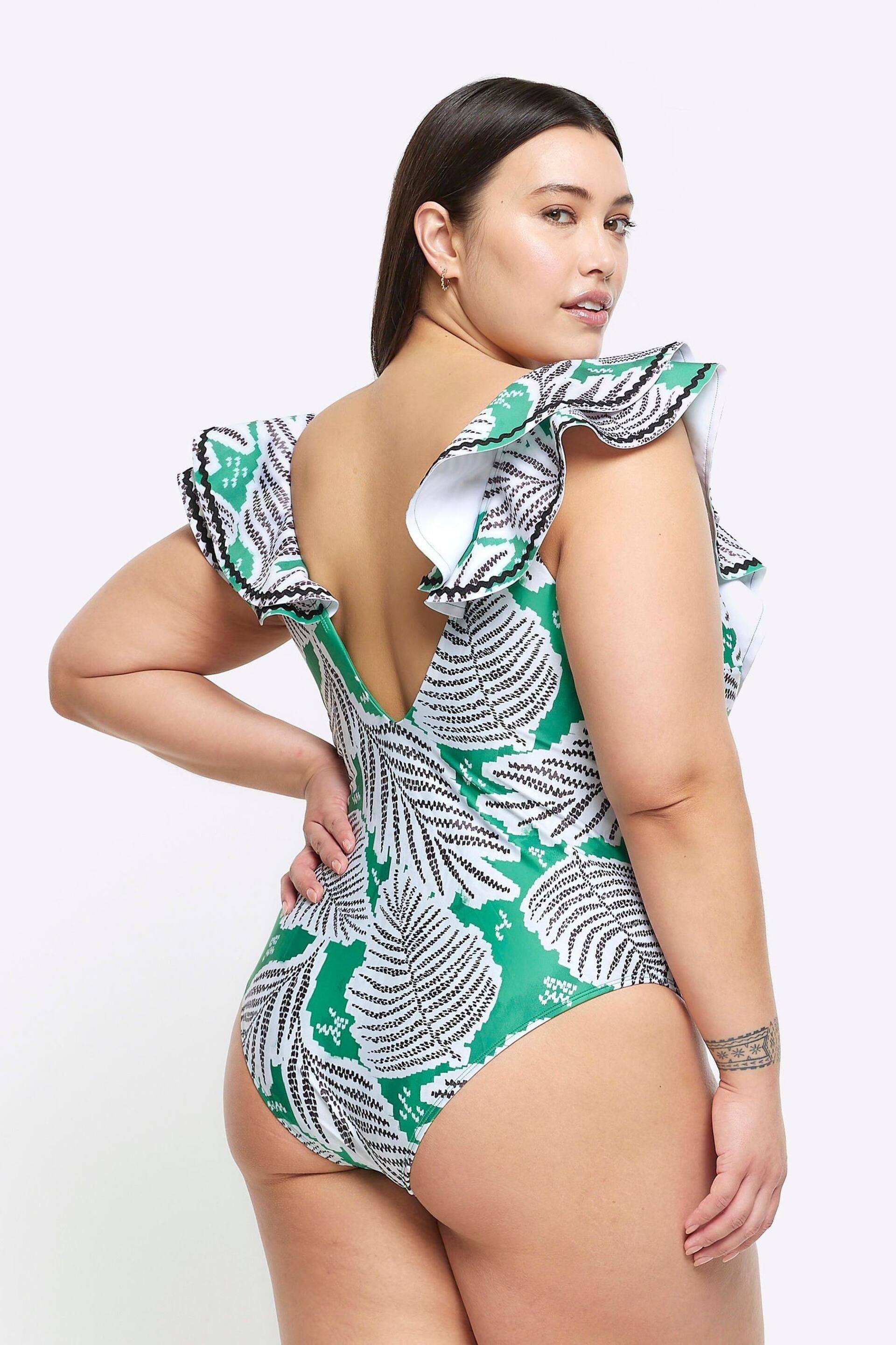 River Island Green Curve Frill Plunge Swimsuit - Image 2 of 4