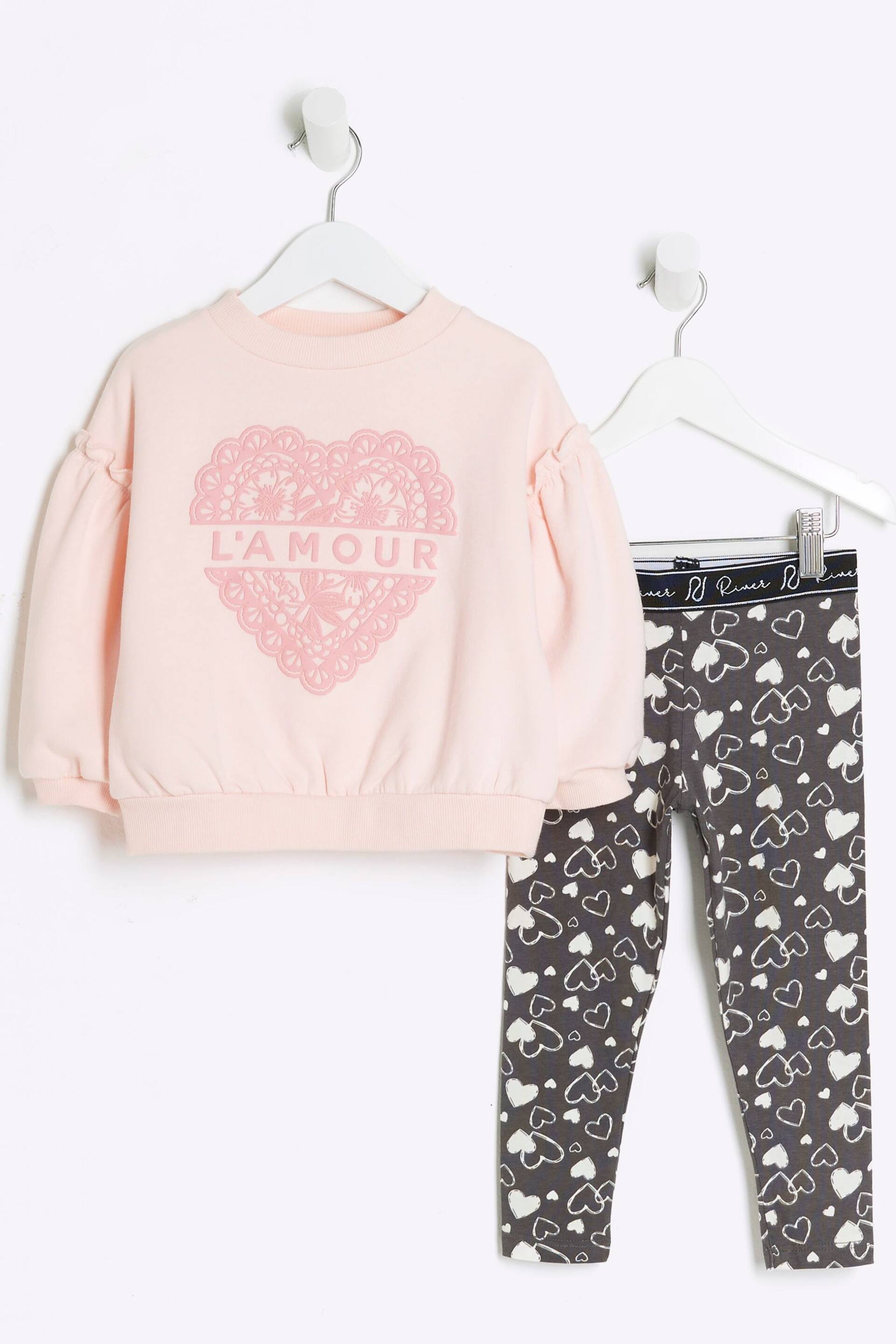 River Island Pink Girls Lamour Heart Sweat and Legging Set - Image 1 of 5