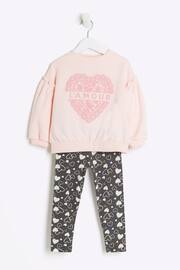 River Island Pink Girls Lamour Heart Sweat and Legging Set - Image 3 of 5