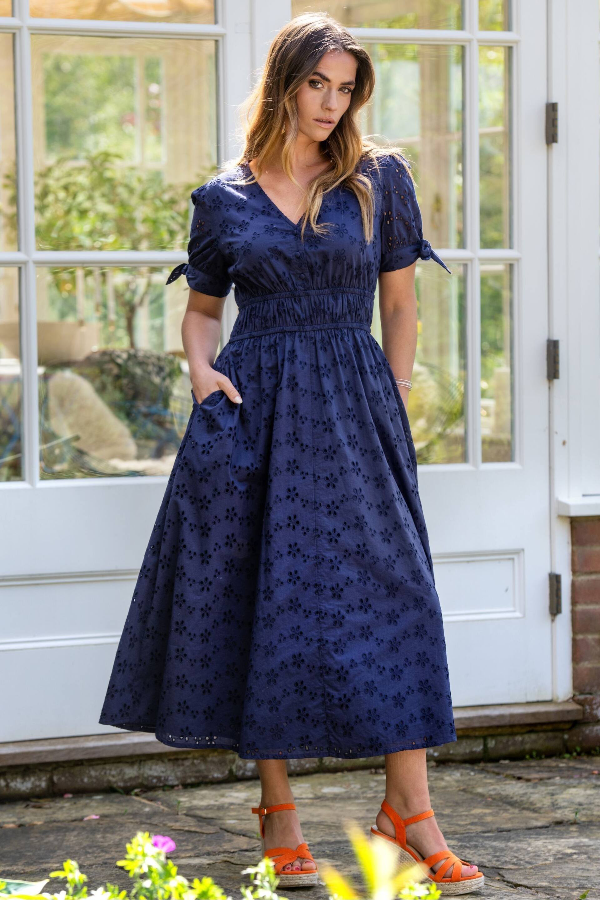 Pour Moi Blue Amanda Fuller Bust Cotton Broderie Tiered Midaxi Dress - Image 1 of 4