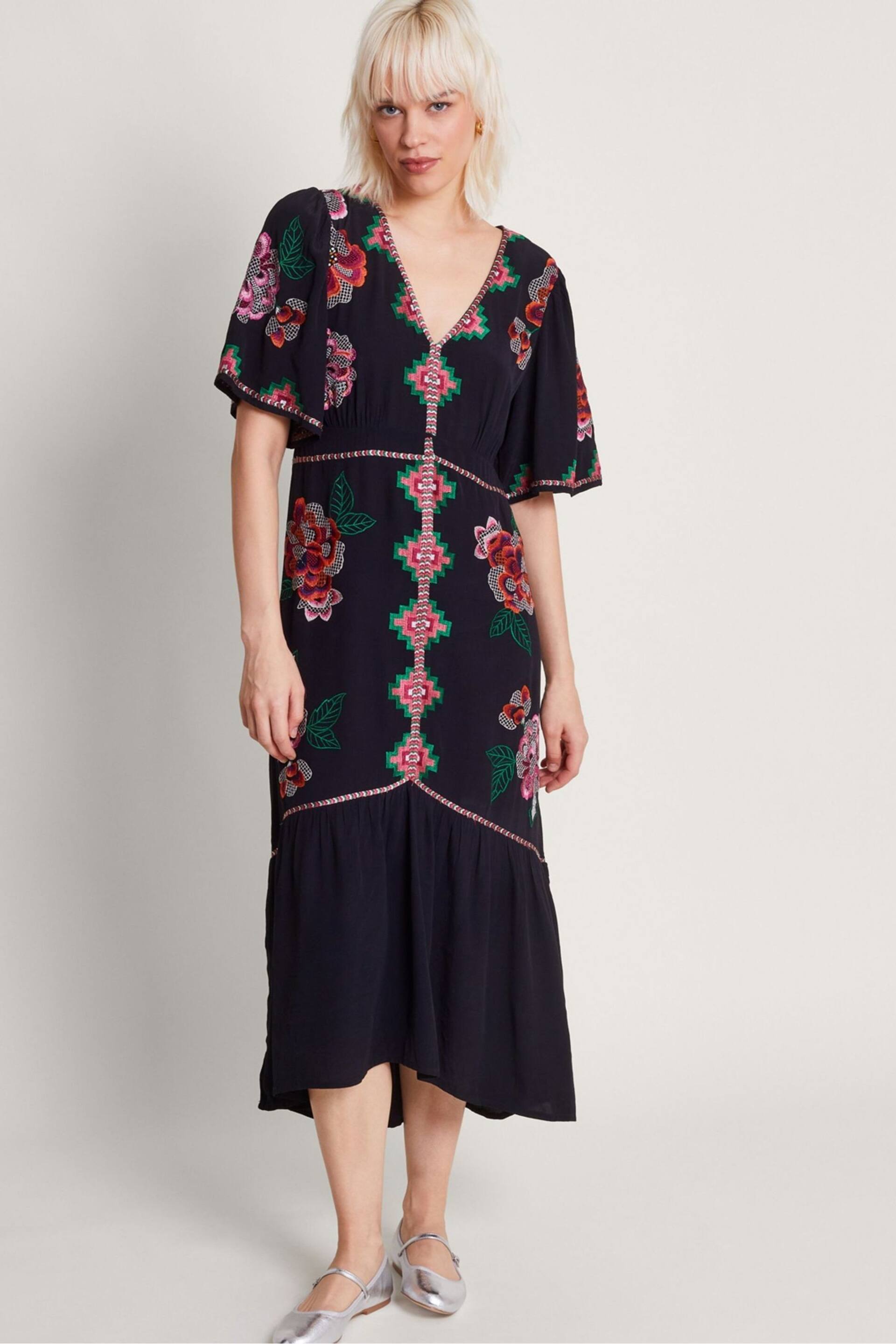Monsoon Black Everly Embroidered Tea Dress - Image 1 of 5