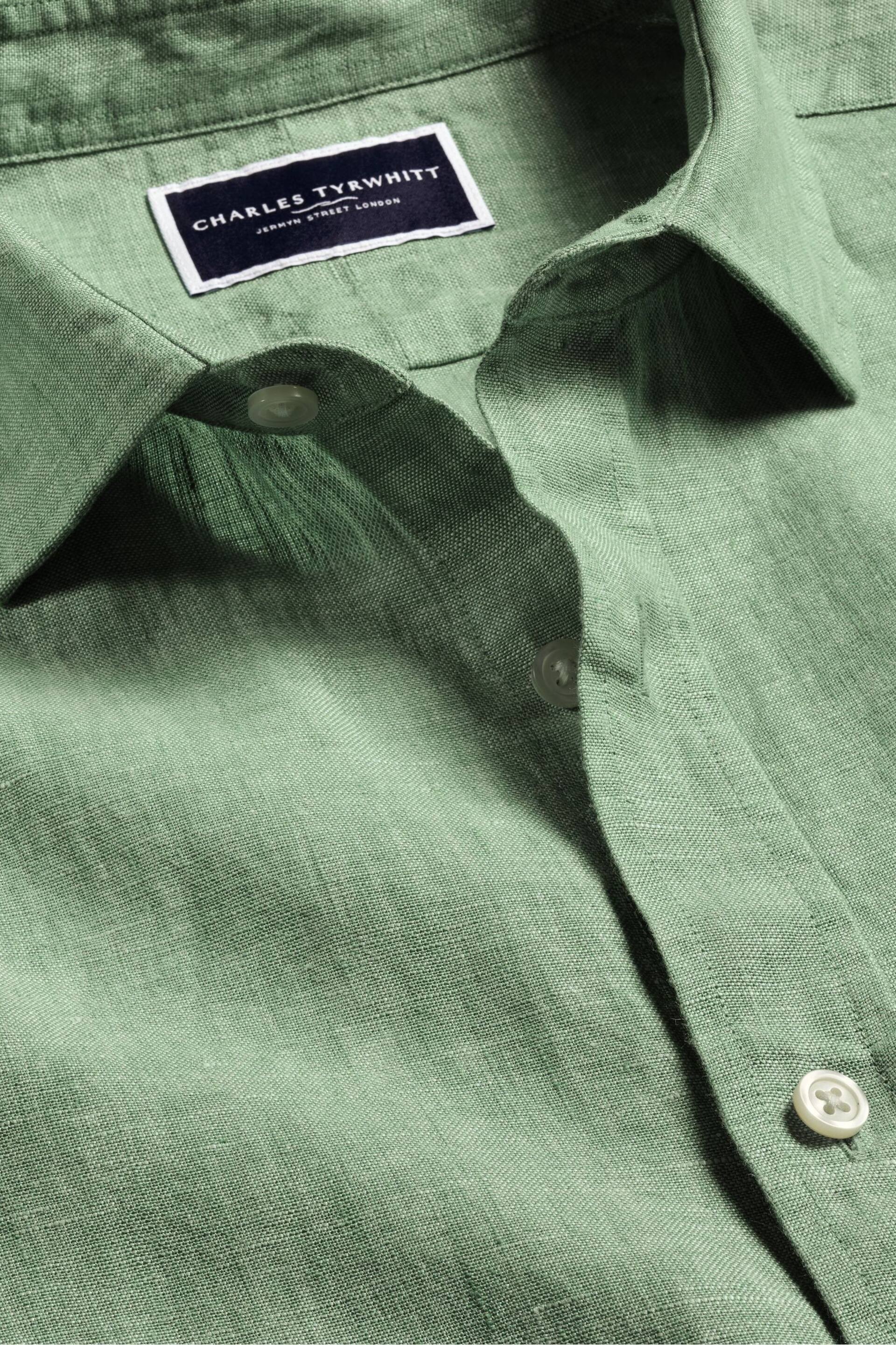 Charles Tyrwhitt Green Slim Fit Plain Short Sleeve Pure Linen Full Sleeves Shirt - Image 5 of 6
