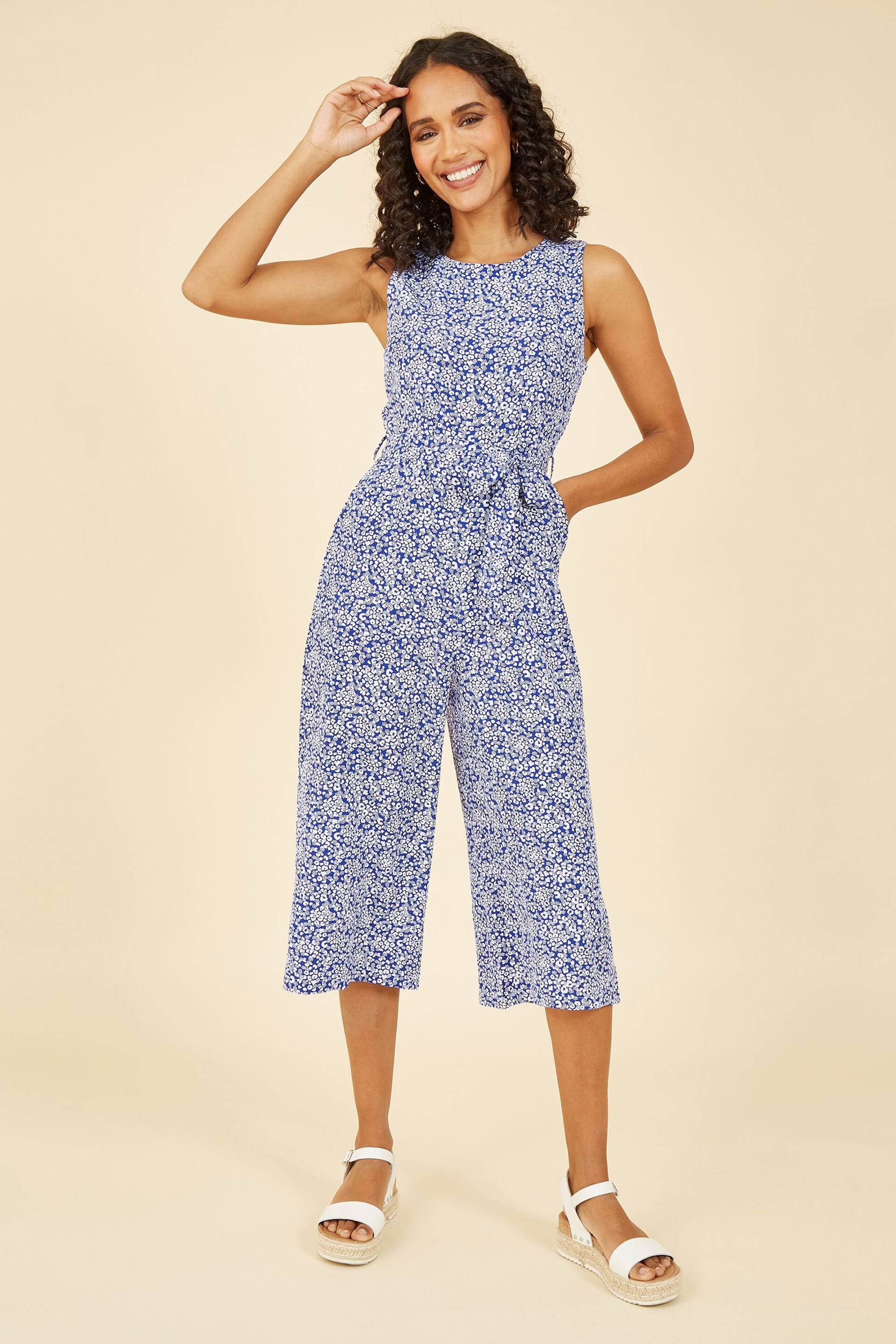 Mela Blue Ditsy Floral Print Culotte Jumpsuit - Image 1 of 4