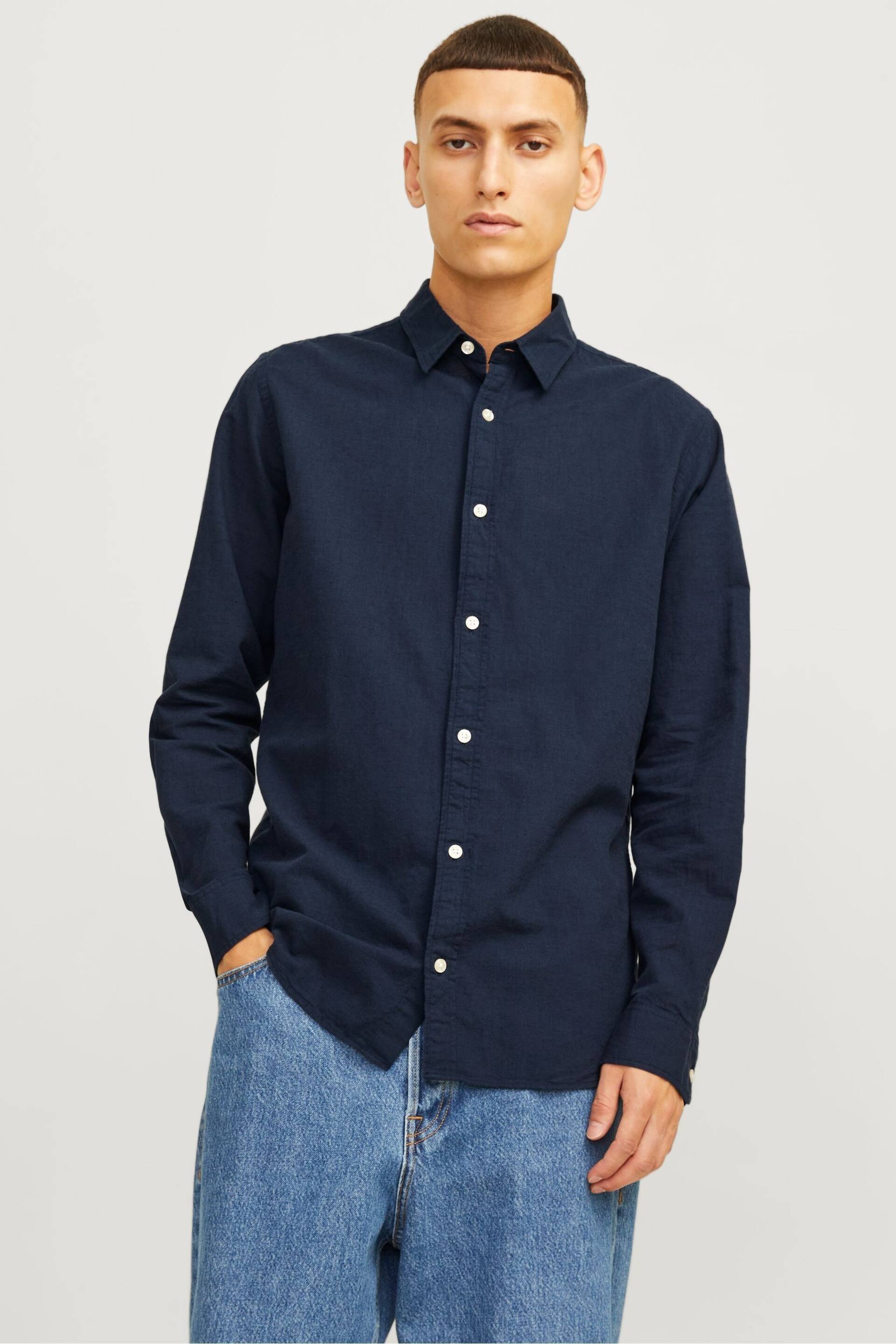 JACK & JONES Blue Linen Blend Long Sleeve Shirt - Image 1 of 1