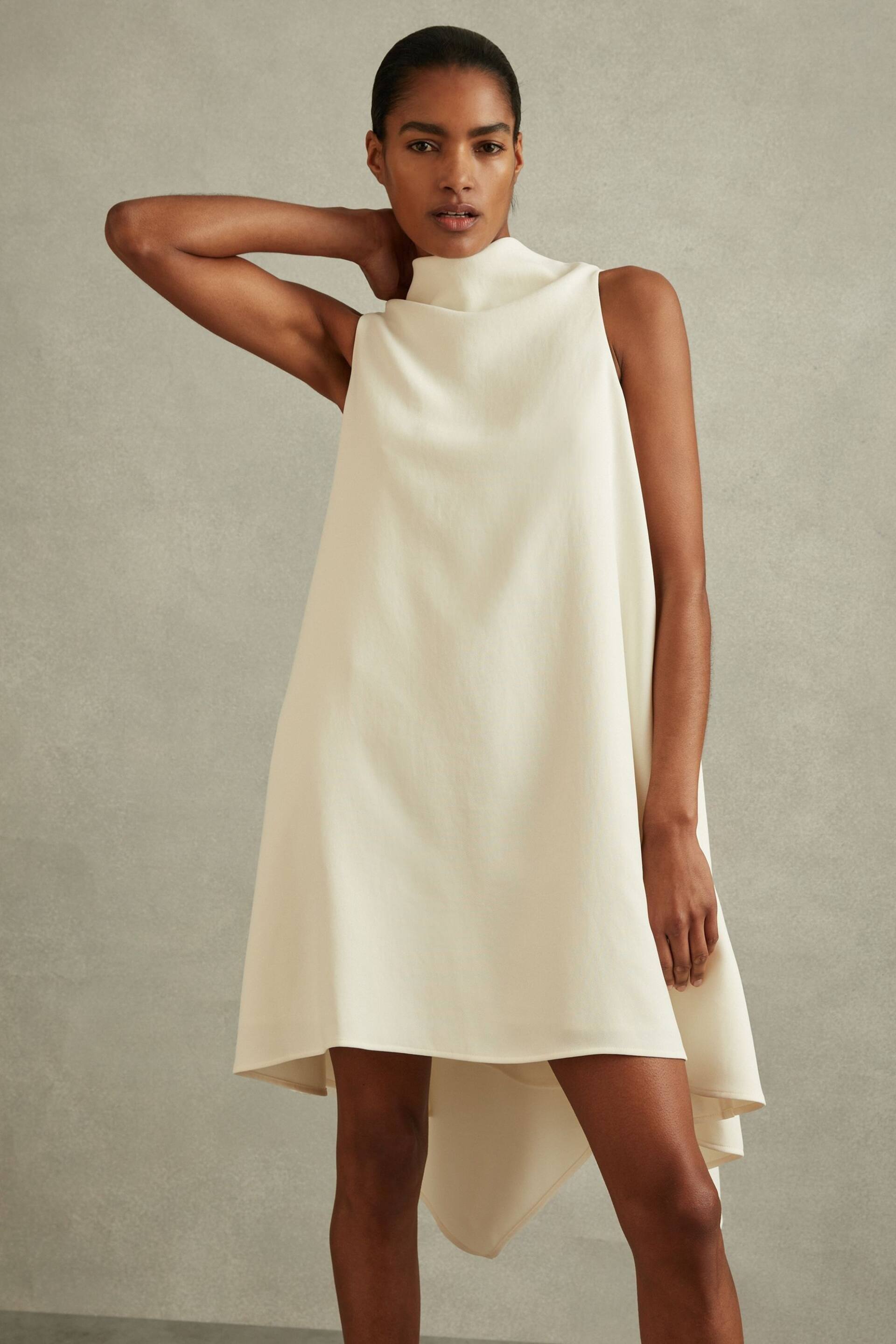Reiss Ivory Shauna High-Neck Drape Back Mini Dress - Image 3 of 6