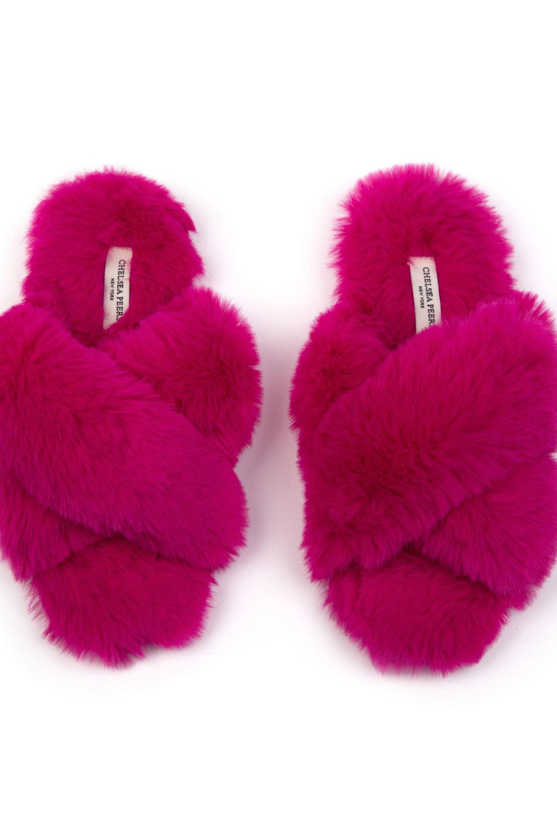 Chelsea Peers Pink Regular Fit Fluffy Cross Strap Slider Slippers - Image 2 of 5