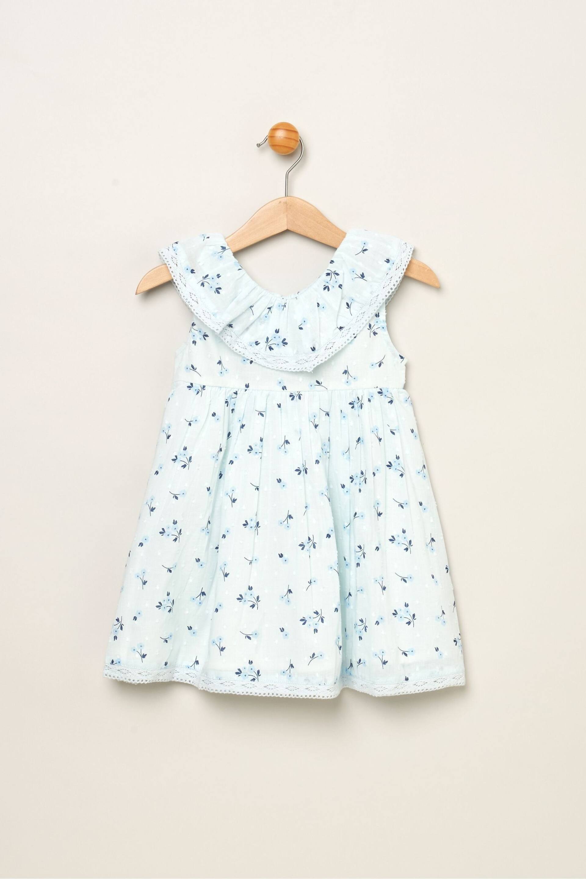 Rock-A-Bye Baby Boutique Blue Floral Print Frill V-Neck Dress and Headband Outfit Set - Image 1 of 3