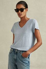 Reiss Light Blue Lottie Marled Linen V-Neck T-Shirt - Image 1 of 6