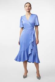 Y.A.S Blue Satin Wrap Ruffle Dress - Image 1 of 4