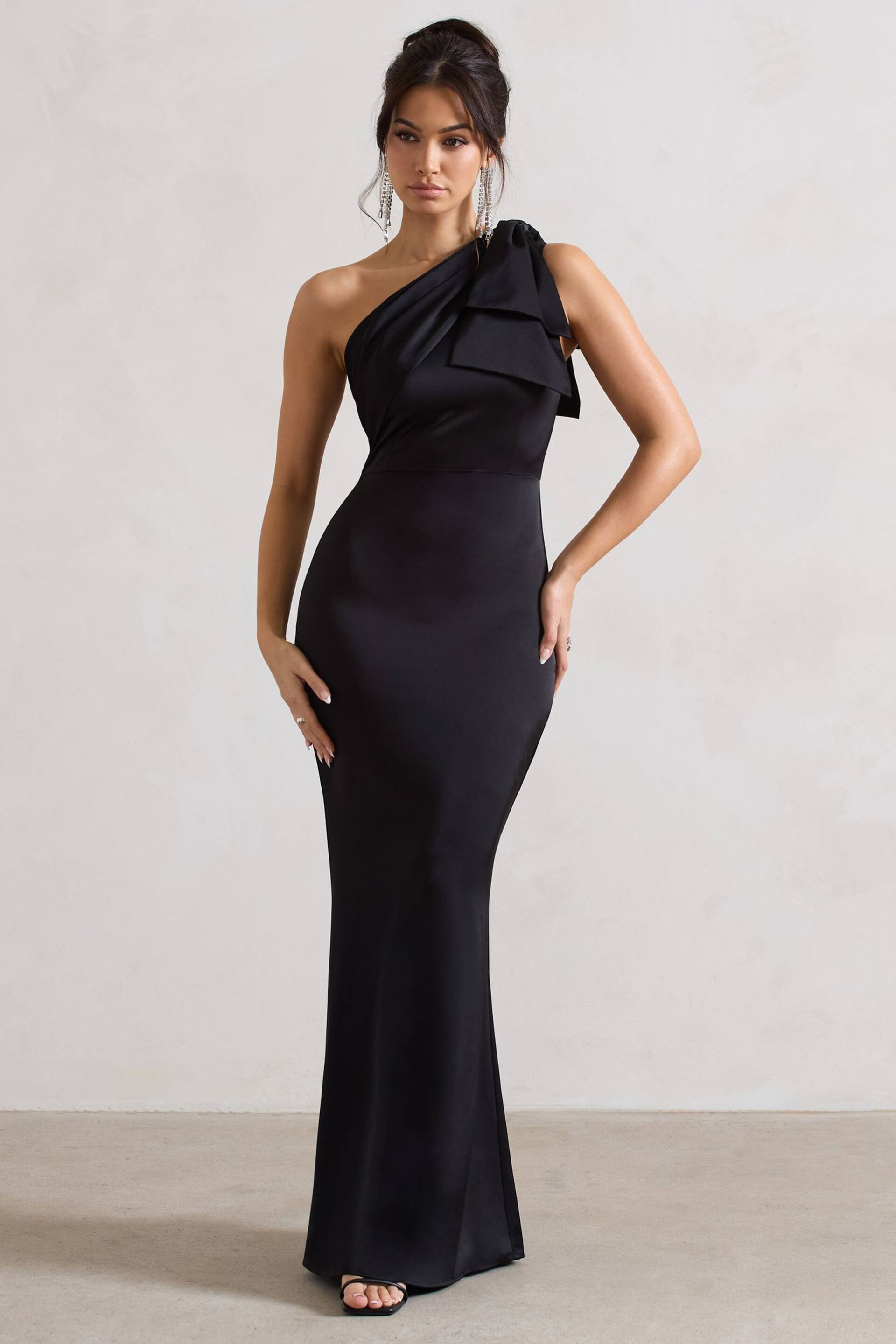 Club L Black Lady Satin Asymmetric Maxi Dress With Bow - Image 2 of 5