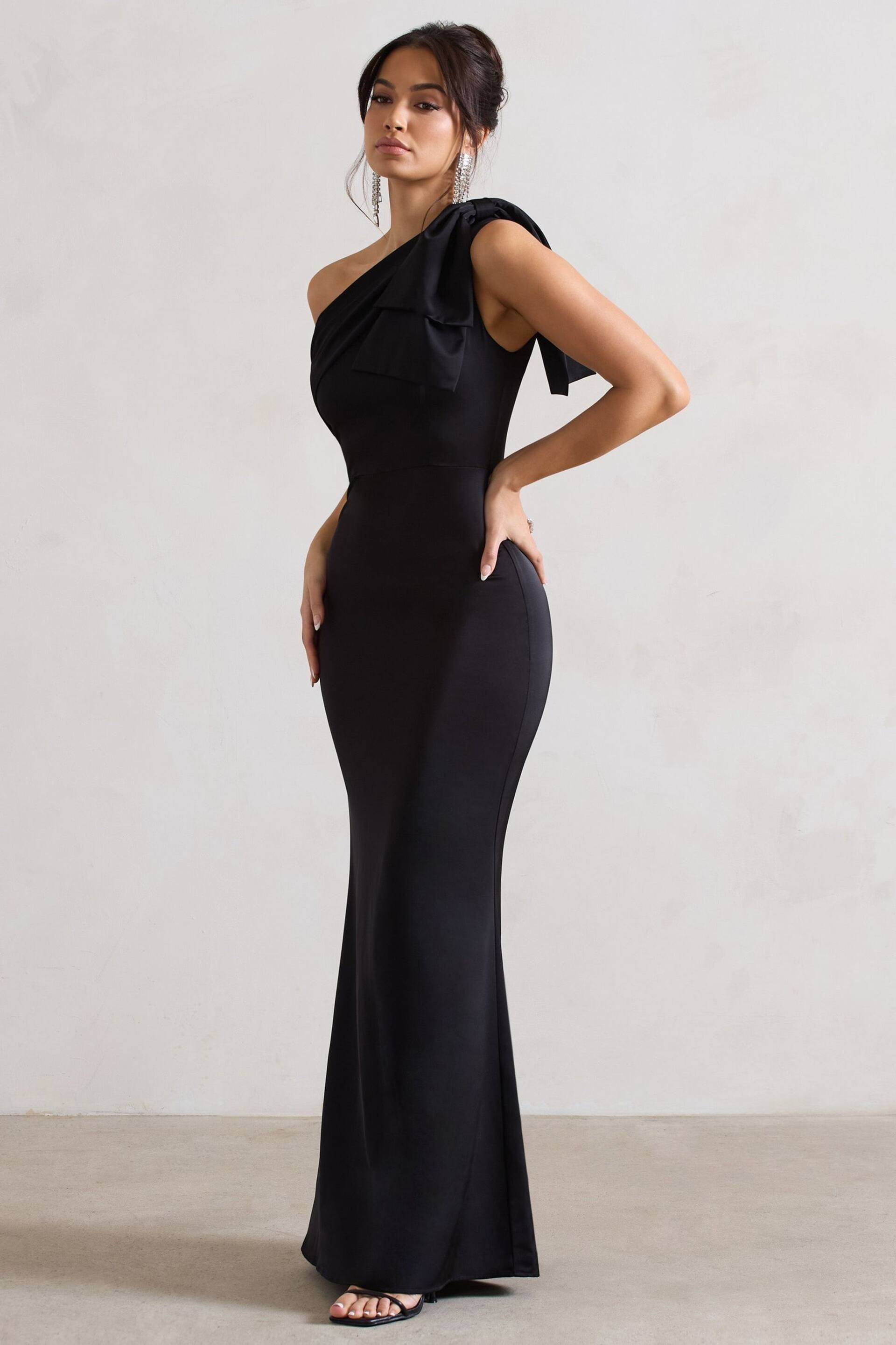 Club L Black Lady Satin Asymmetric Maxi Dress With Bow - Image 3 of 5