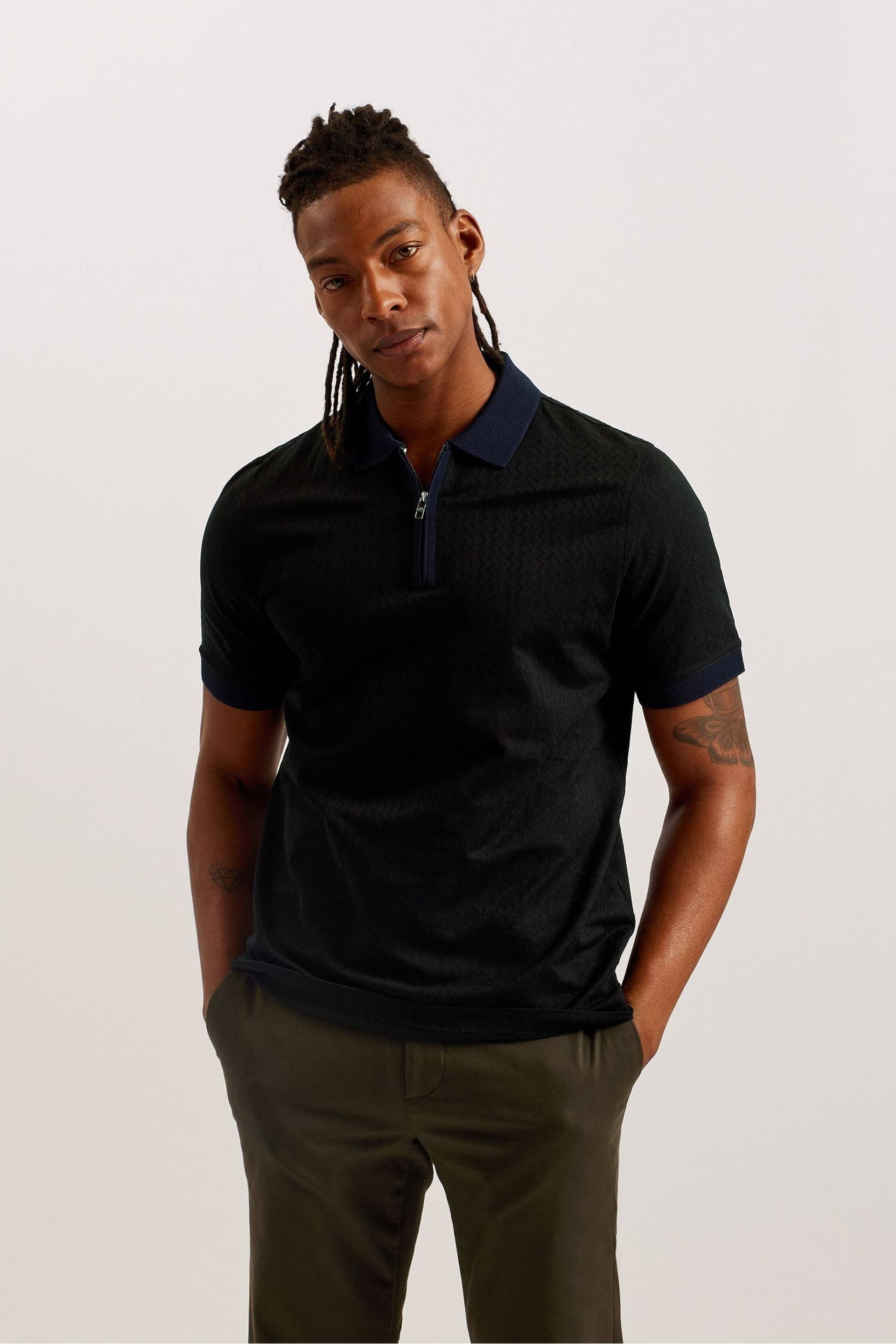 Ted Baker Black Arnival Short Sleeve Regular Textured Zip Polo Shirt - Image 1 of 6