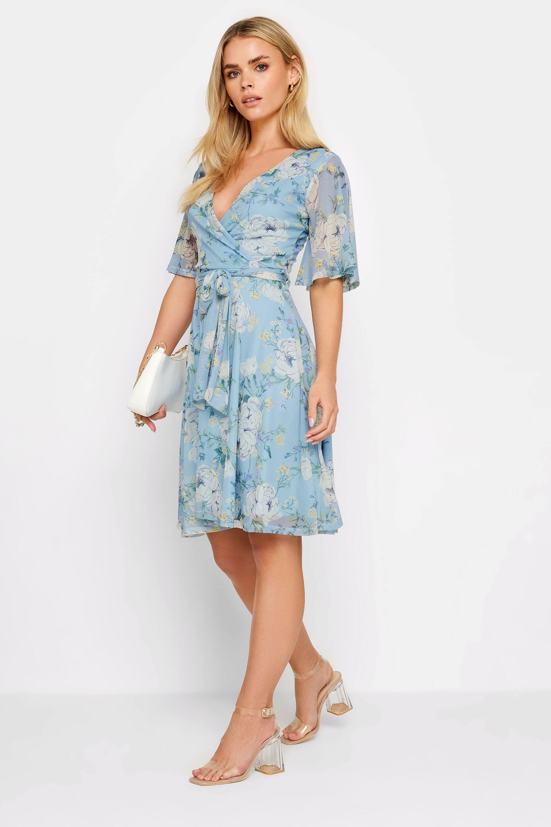 PixieGirl Petite Blue Floral Print Mesh Wrap Dress - Image 2 of 5