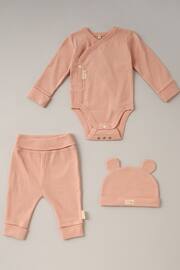 Homegrown Pink 3 Piece Ribbed Bodysuit Joggers And Bear Hat Set - Image 1 of 5