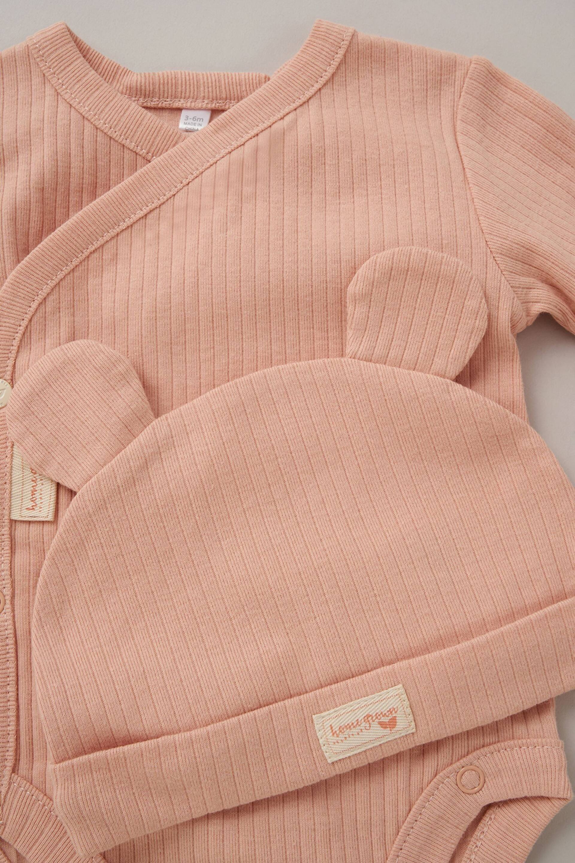 Homegrown Pink 3 Piece Ribbed Bodysuit Joggers And Bear Hat Set - Image 2 of 5