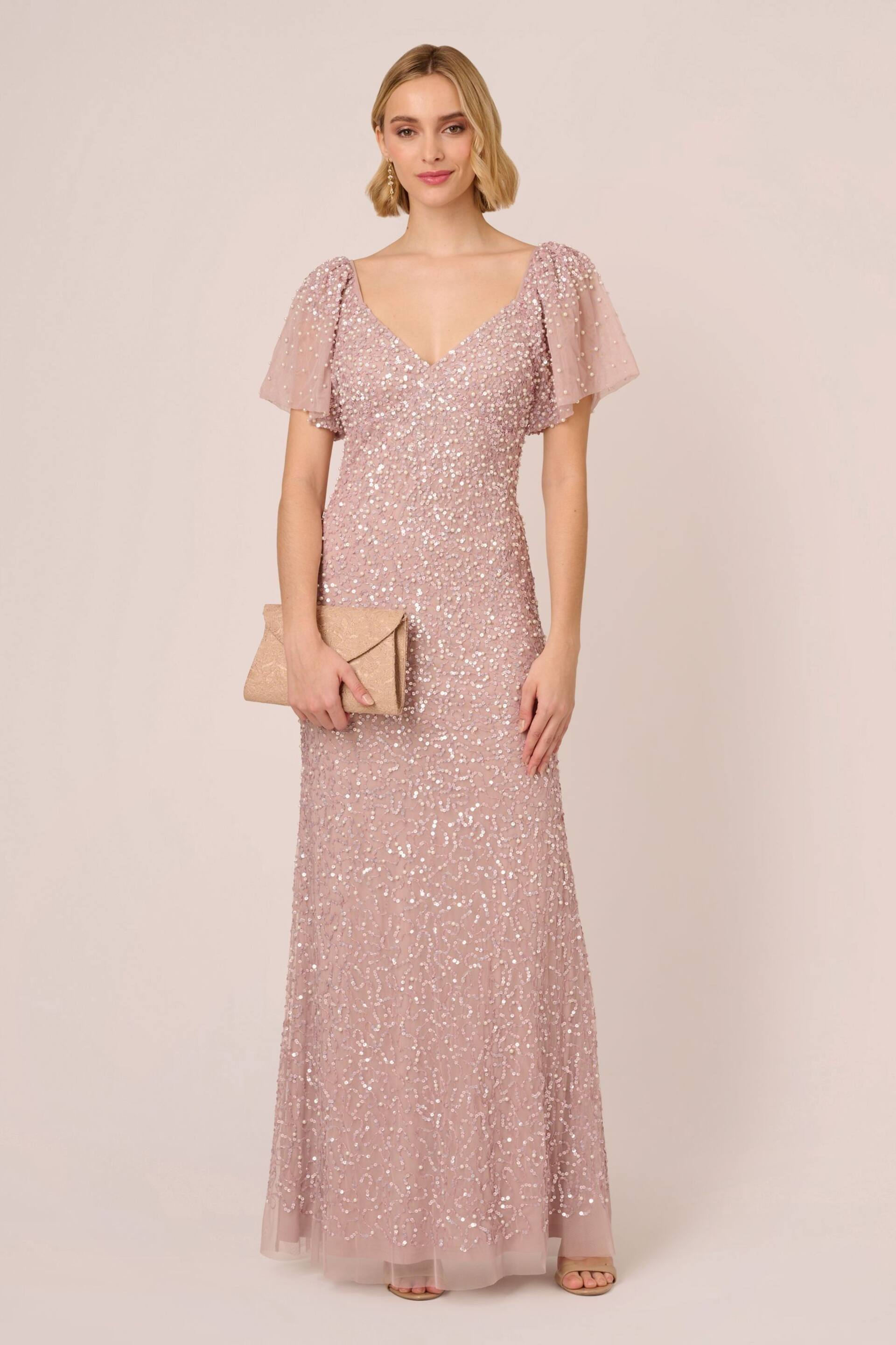 Adrianna Papell Pink V-Neck Beaded Mesh Long Dress - Image 3 of 7