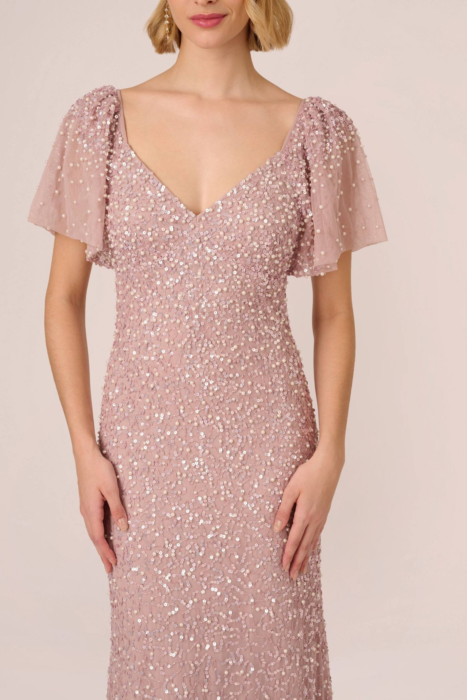 Adrianna Papell Pink V-Neck Beaded Mesh Long Dress - Image 4 of 7