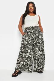 Yours Curve Black Floral Print Shirred Wide Leg Trousers - Image 4 of 5
