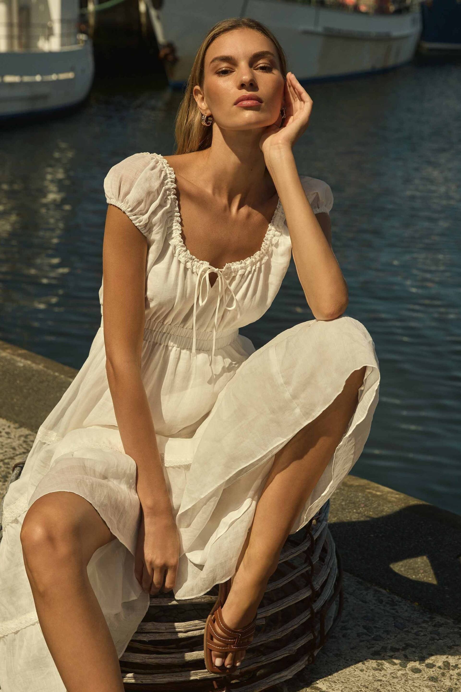 Forever New White Tuscany Trim Detail Midi Dress - Image 1 of 5