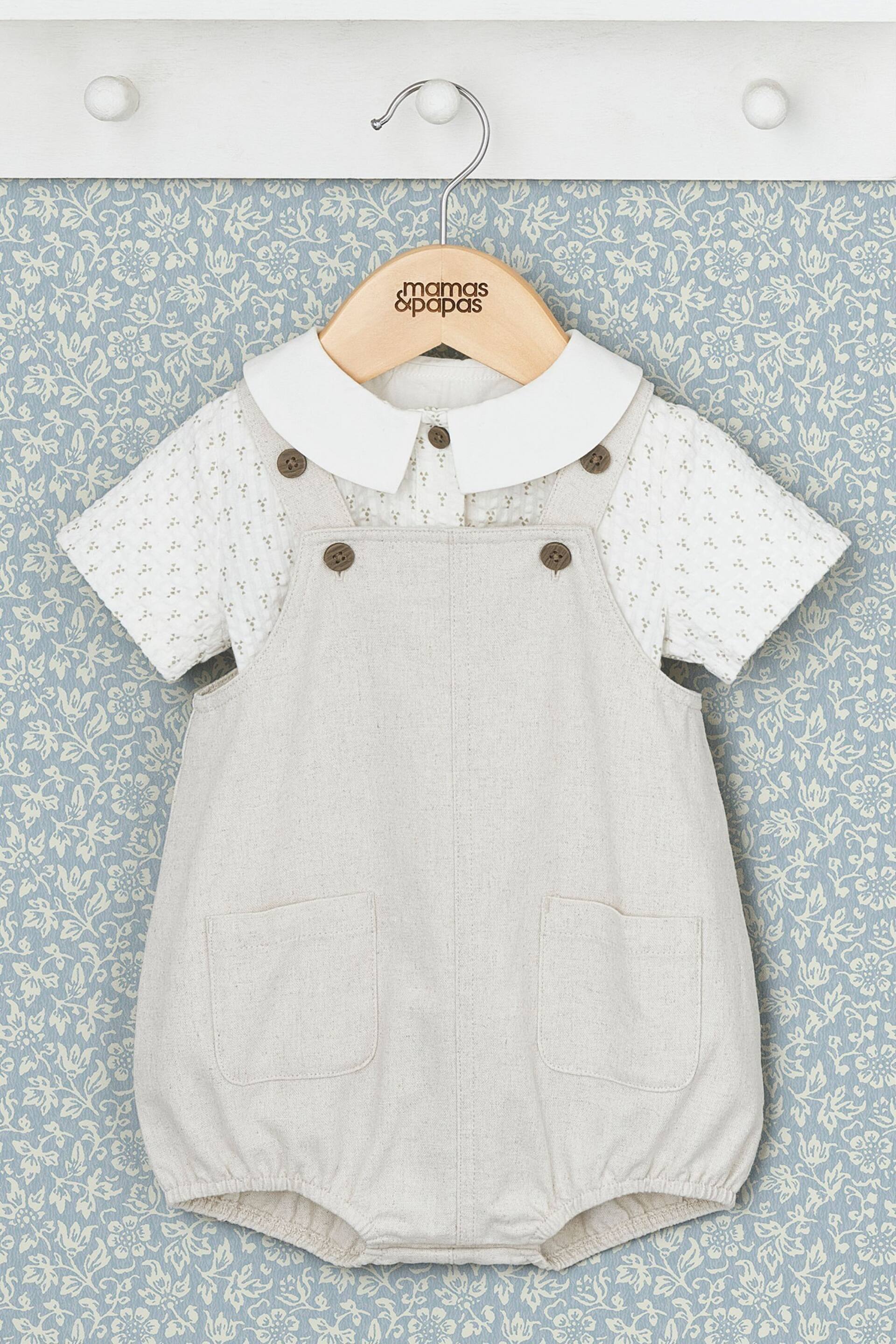 Mamas & Papas x Laura Ashley Cream Nutmeg Print Shirt And Dungaree Set 2 Piece - Image 1 of 5