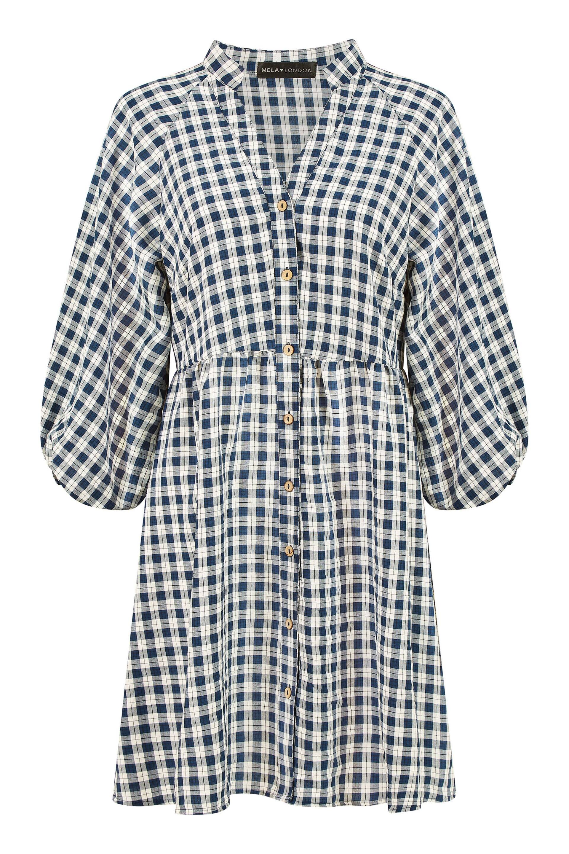 Mela Blue Cotton Checked Button Through Tunic Dress - Image 5 of 5