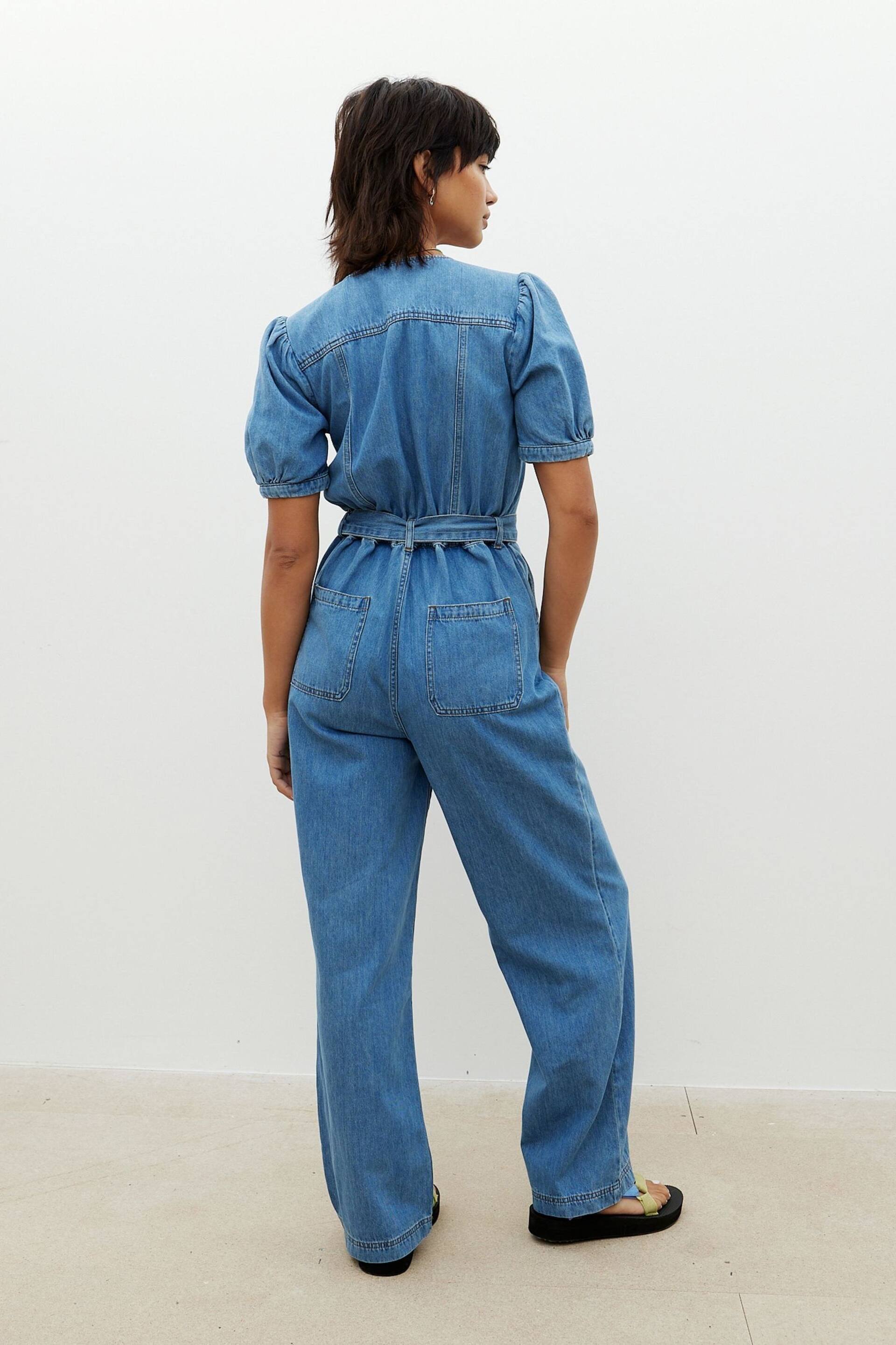 Oliver Bonas Blue Denim Puff Sleeve Jumpsuit - Image 2 of 9