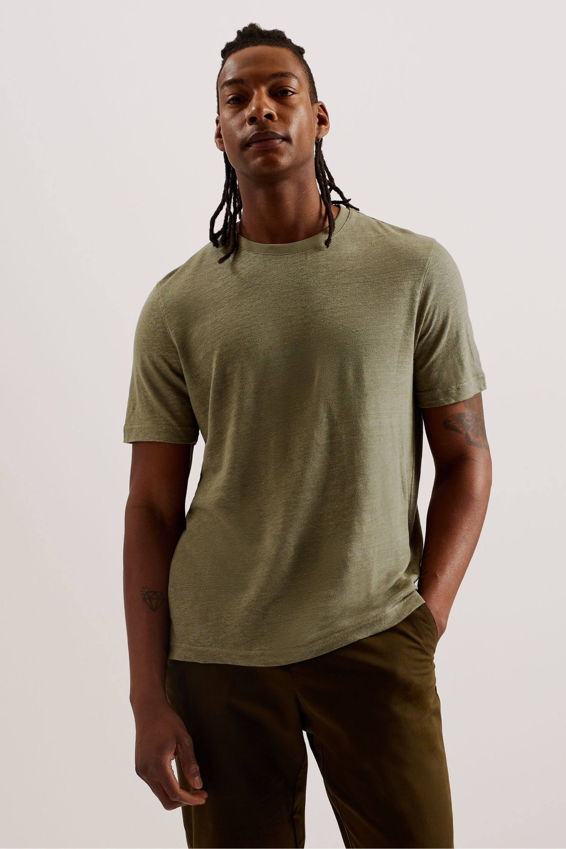 Ted Baker Green Regular Flinlo Linen T-Shirt - Image 2 of 5