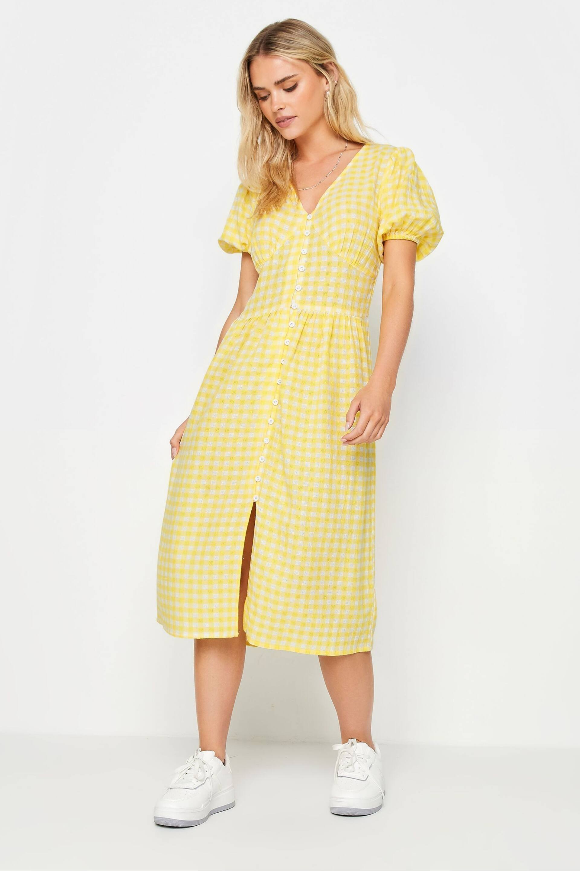PixieGirl Petite Yellow Yellow Gingham Print Button Through Midi Dress - Image 2 of 5