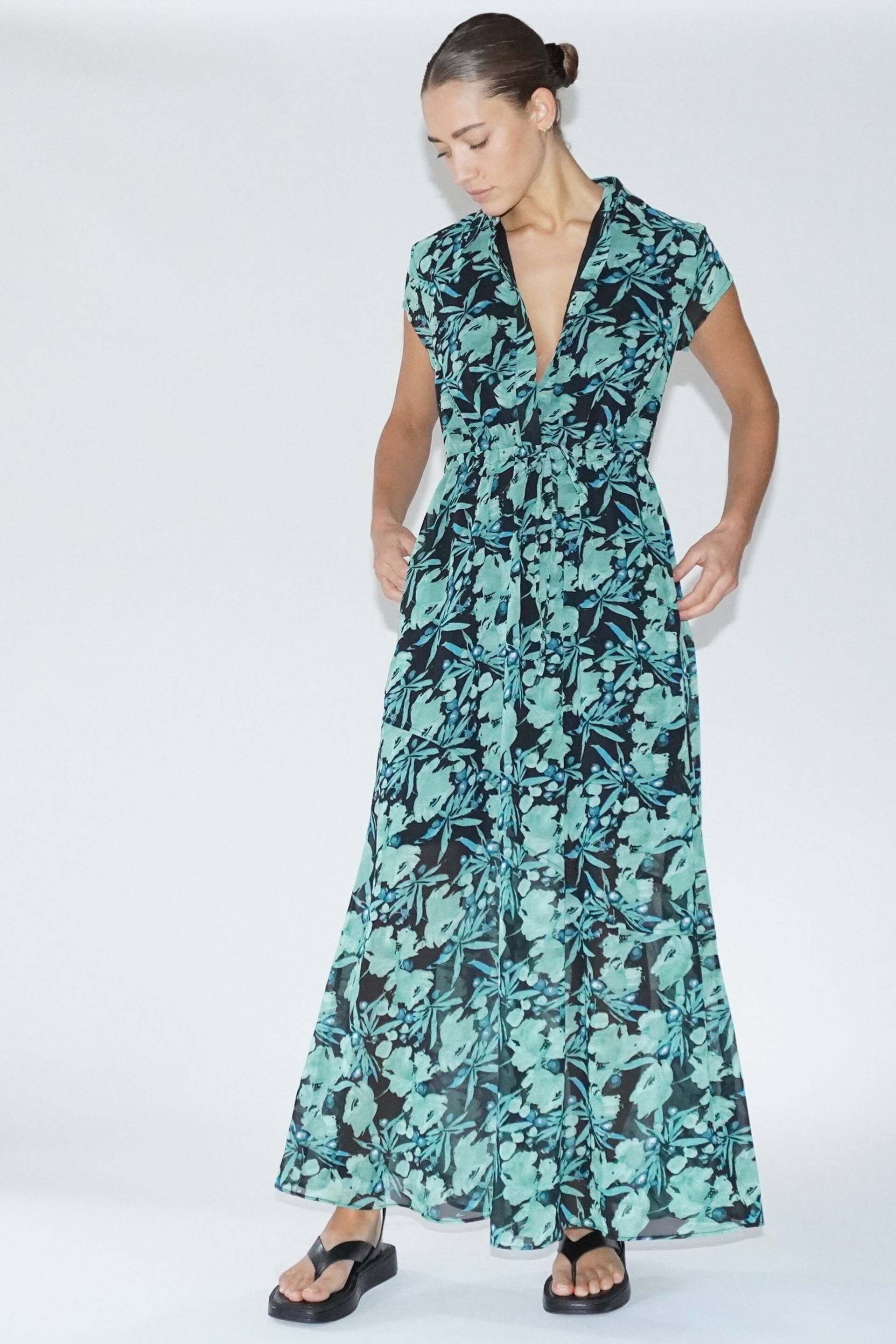 Religion Green Floral Maxi Midi Shirt Dress With Tie Waist - Image 3 of 7