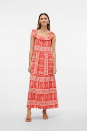 VERO MODA Pink Aztec Print Ruffle Summer Maxi Dress - Image 1 of 7